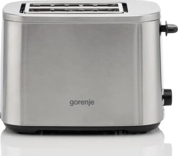 Srebrny toster Gorenje z dwiema szczelinami i czarnymi pokrętłami na białym tle.