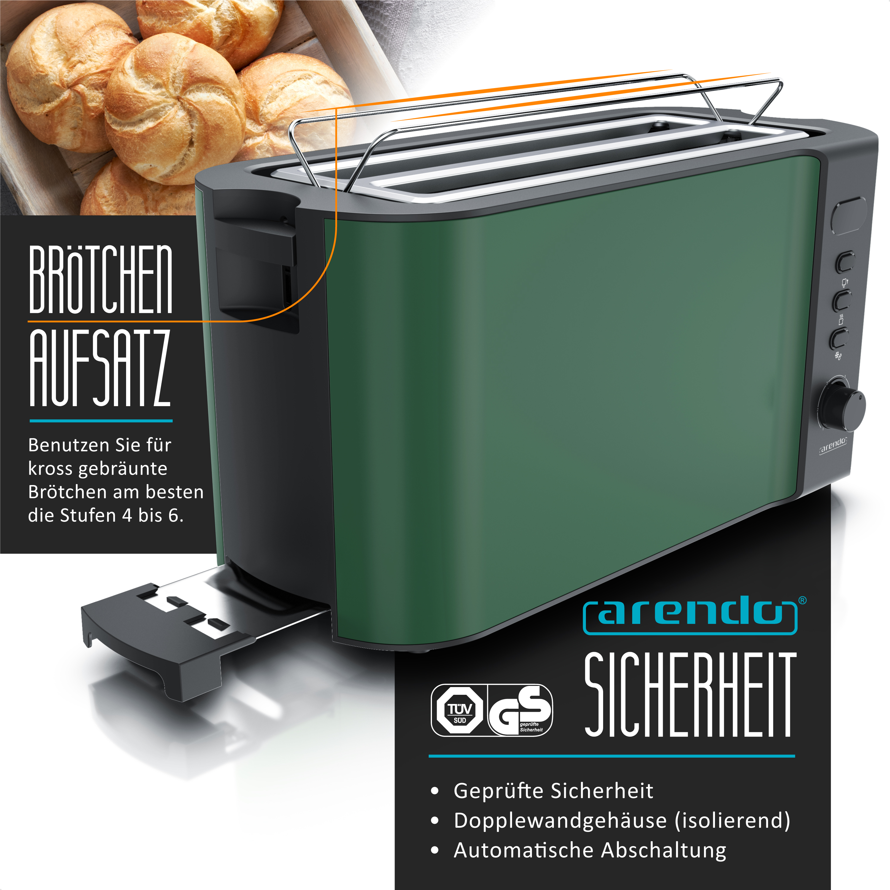 Ein grüner und schwarzer Arendo-Toaster mit Brötchenaufsatz, Krümelschublade und Sicherheitsfunktionen.