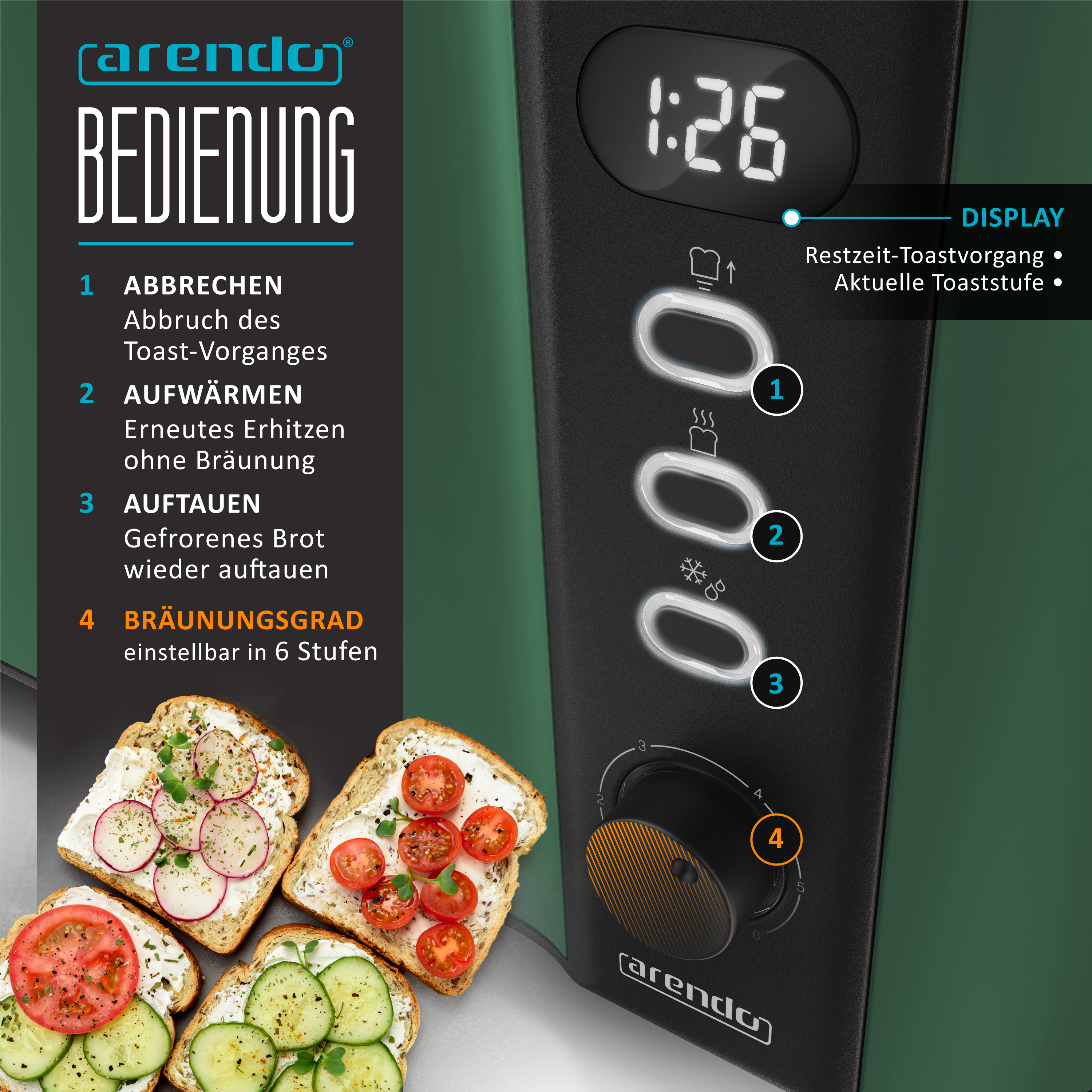 Arendo Toaster-Bedienfeld mit Digitaldisplay, Knöpfen, Drehregler und vier belegten Toastscheiben unten.