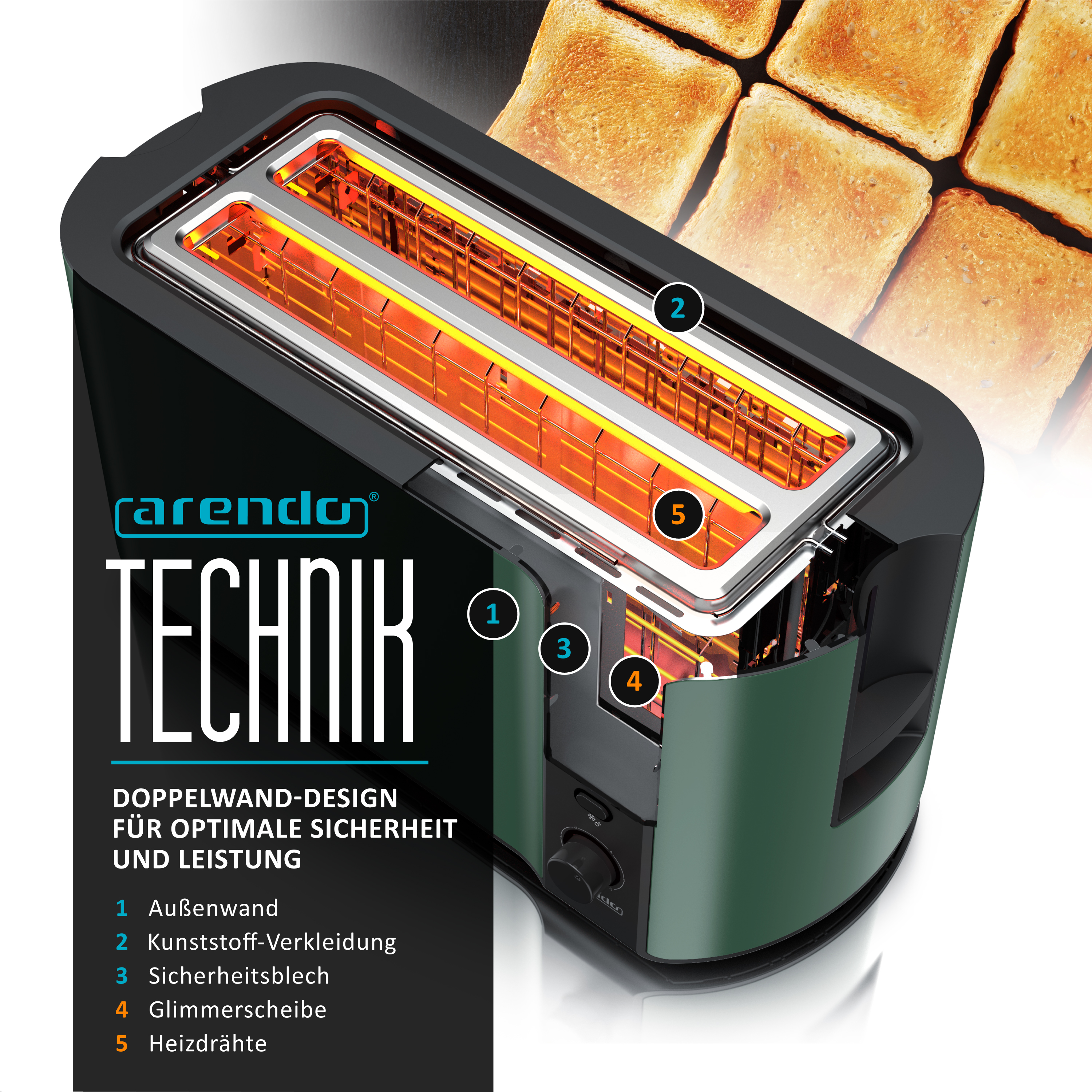 Diagramm eines Arendo-Toasters mit nummerierten Bauteilen und Toastscheiben im Hintergrund.