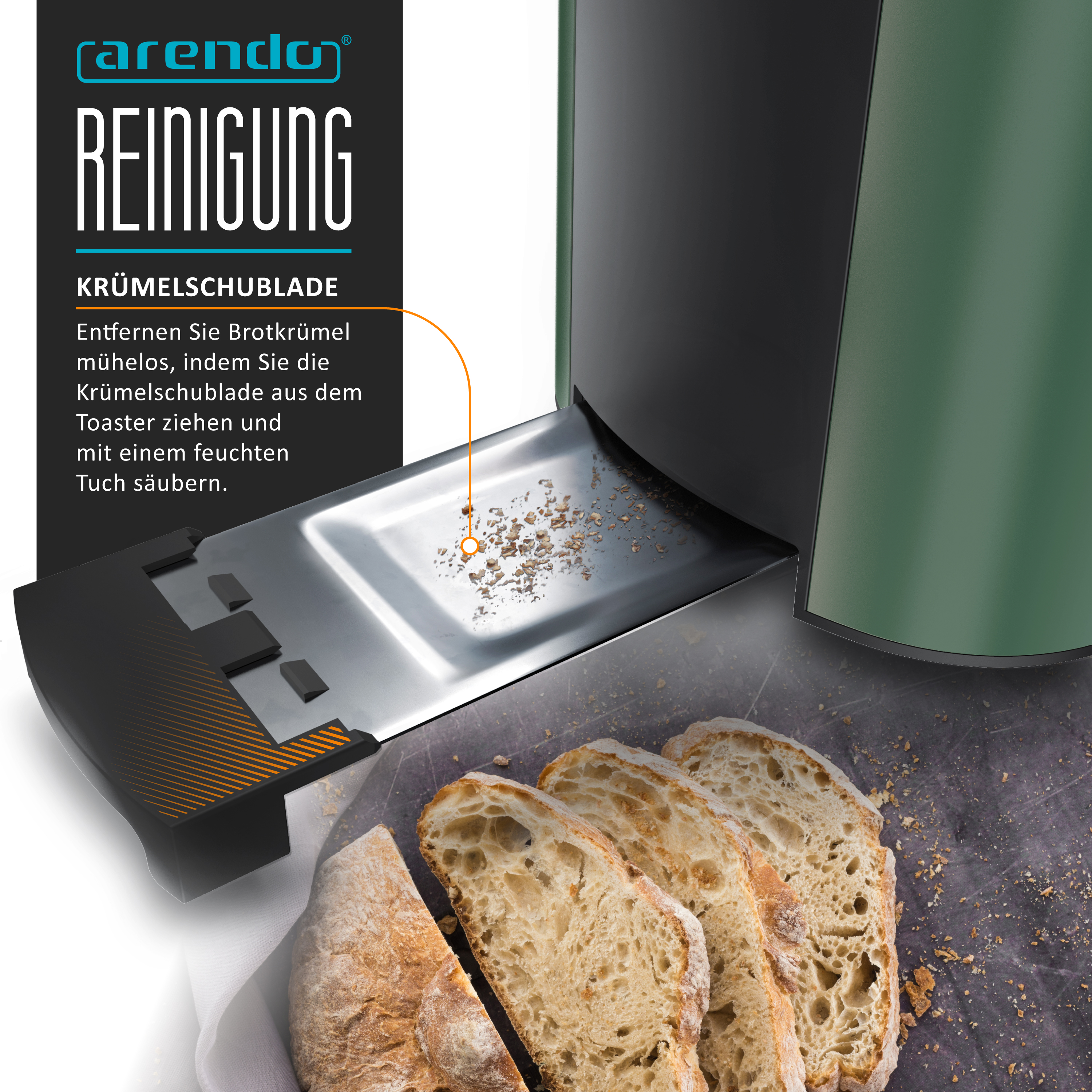 Ein grüner Toaster mit herausgezogener Krümelschublade voller Brotkrümel, daneben Brotscheiben.
