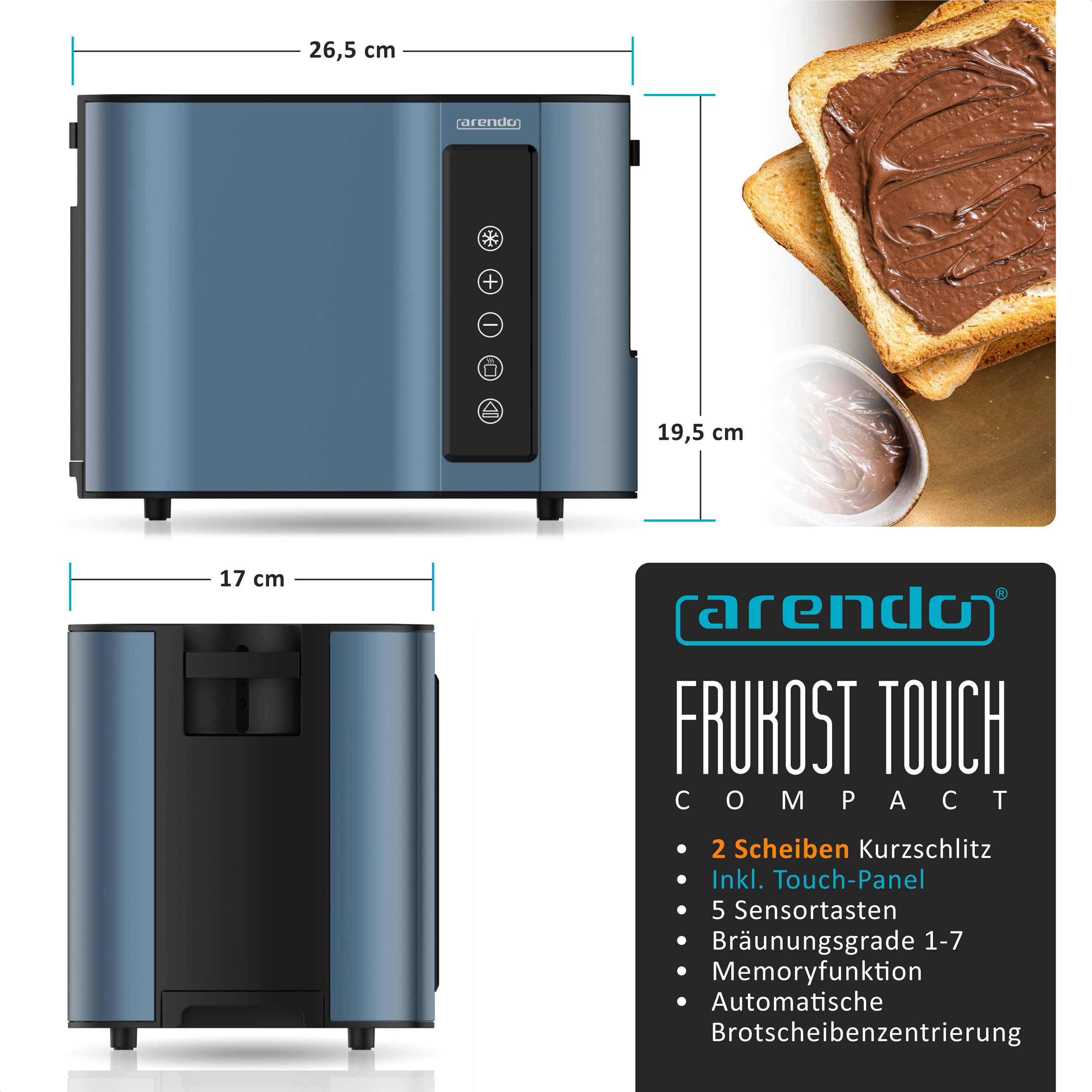 Grauer Arendo Frukost Touch Kompakt Toaster mit Maßen, Touch-Panel und Toast mit Schokocreme.