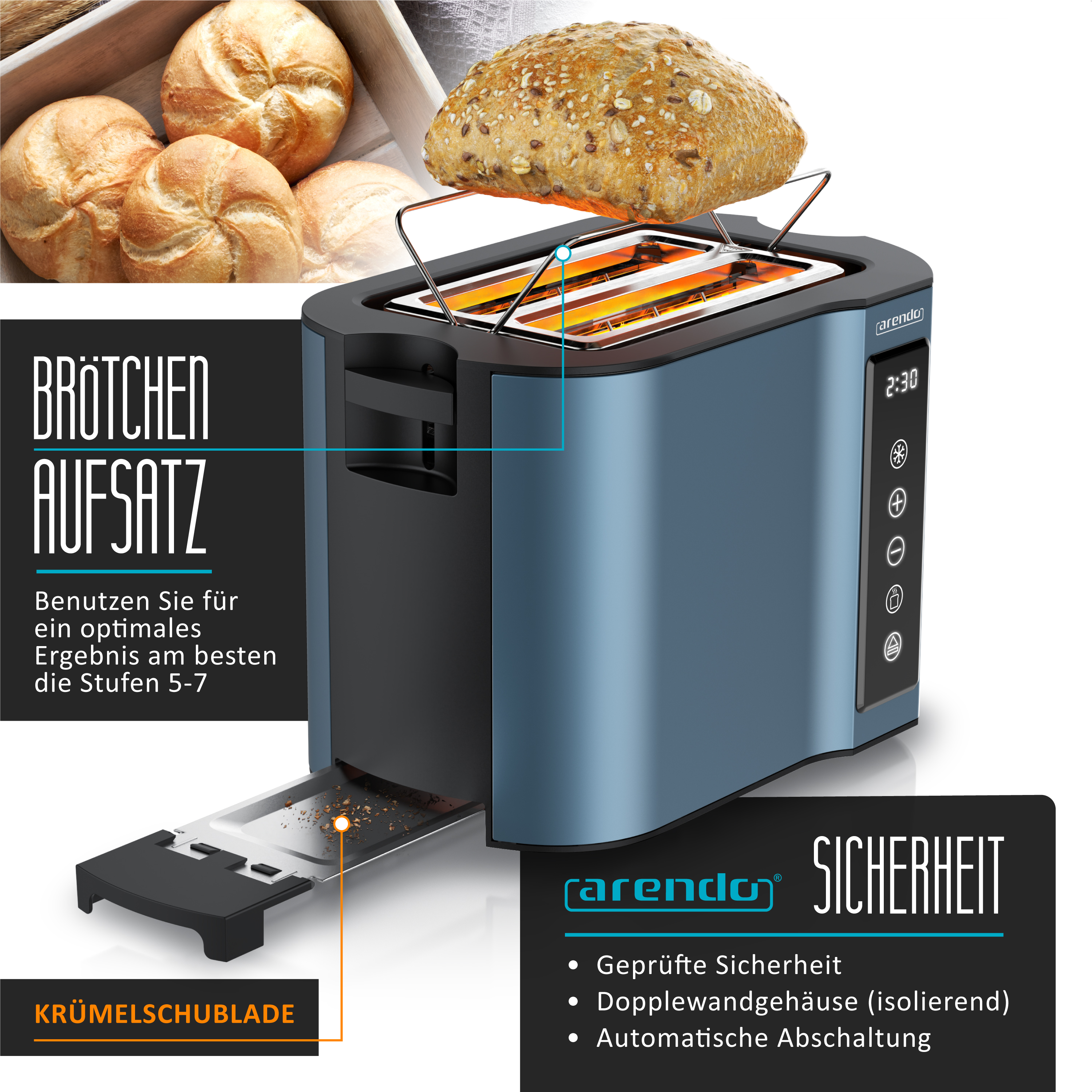 Ein blau-schwarzer Toaster mit Brötchenaufsatz, Krümelschublade und deutschen Texthinweisen.