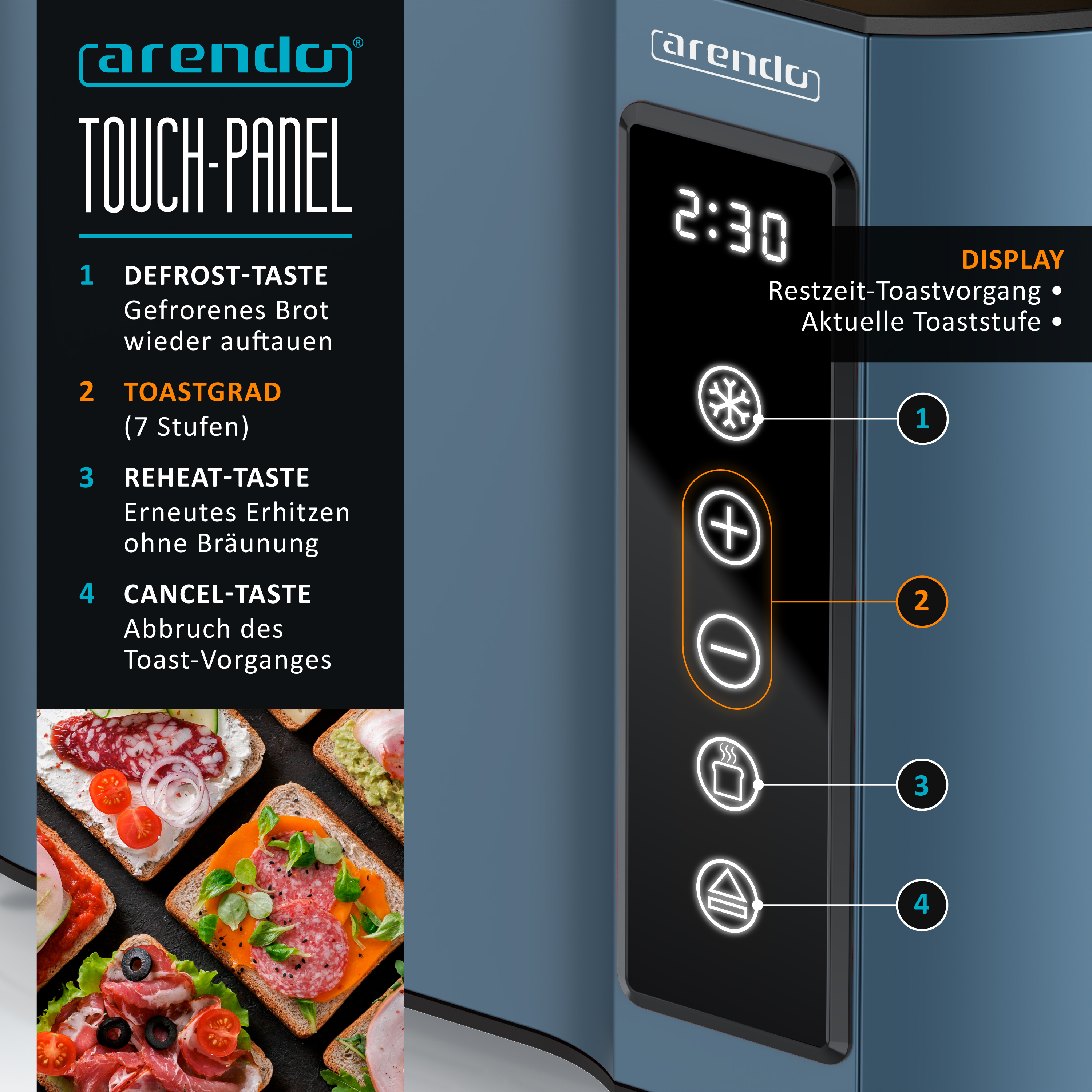 Arendo Toaster-Bedienfeld mit Digitalanzeige und vier Touch-Tasten für Auftauen, Toastgrad, Aufwärmen und Abbruch.