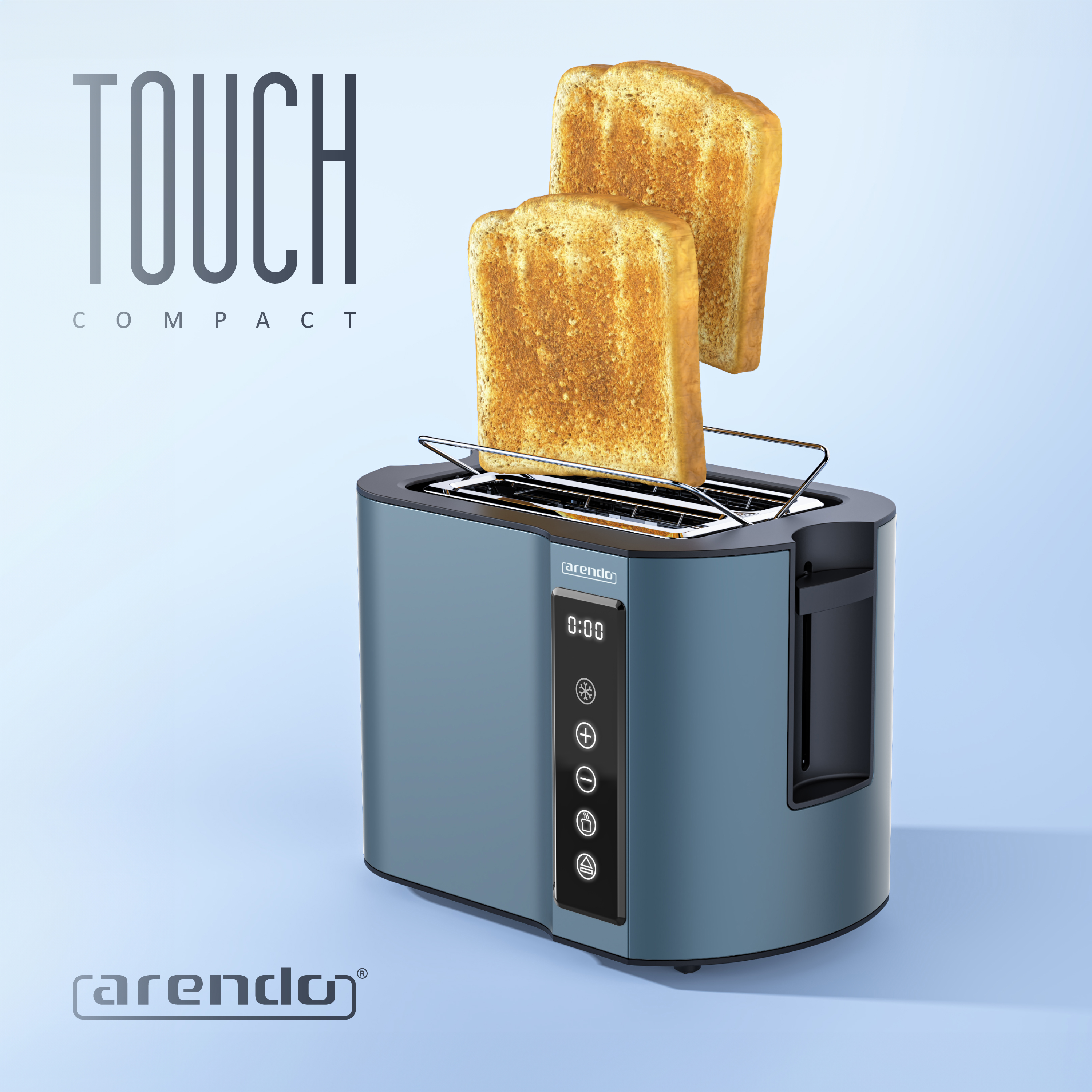 Ein blauer Arendo Touch Compact Toaster mit zwei goldbraunen Toastscheiben auf einem hellblauen Hintergrund.