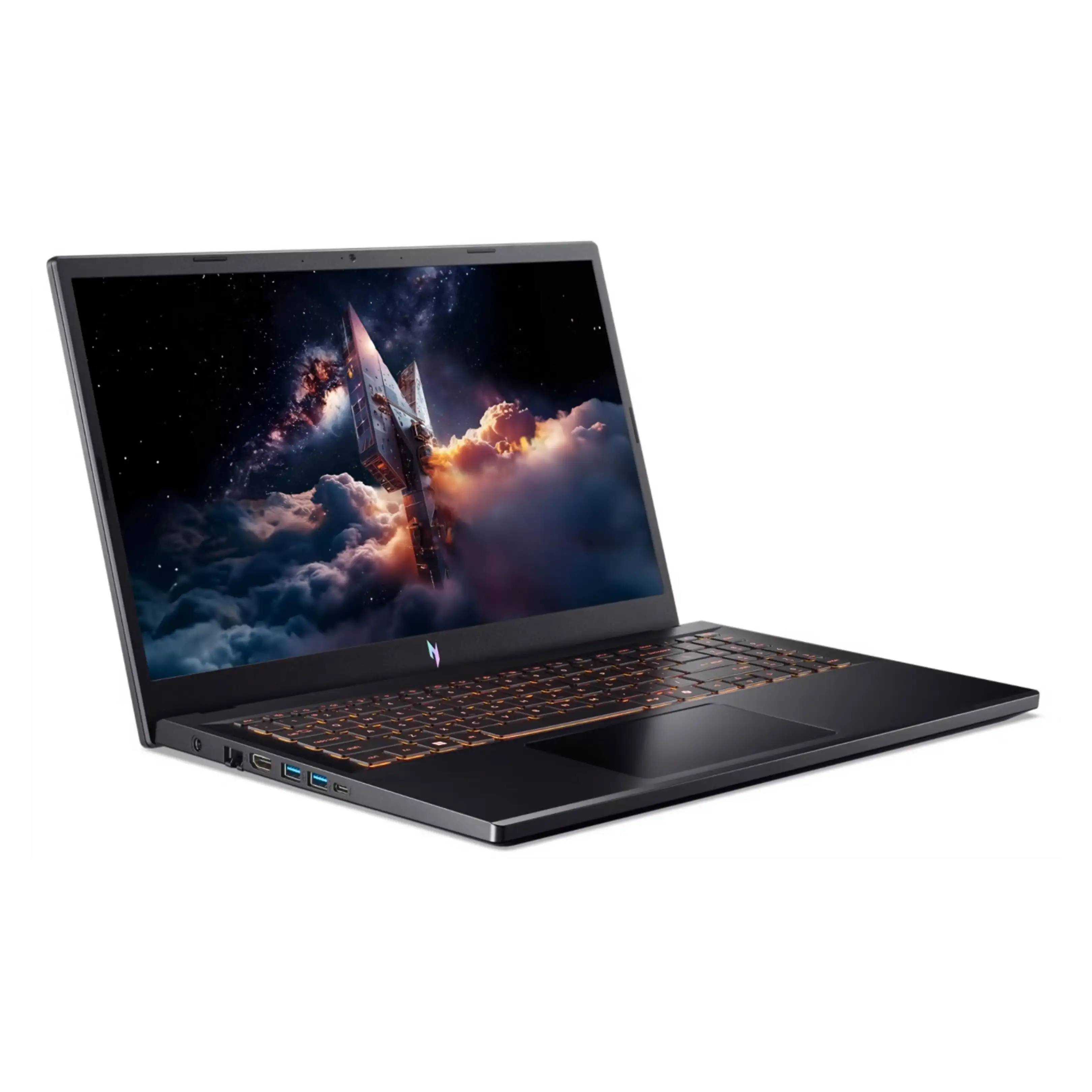 Un laptop nero con tastiera retroilluminata e schermo a tema spaziale.
