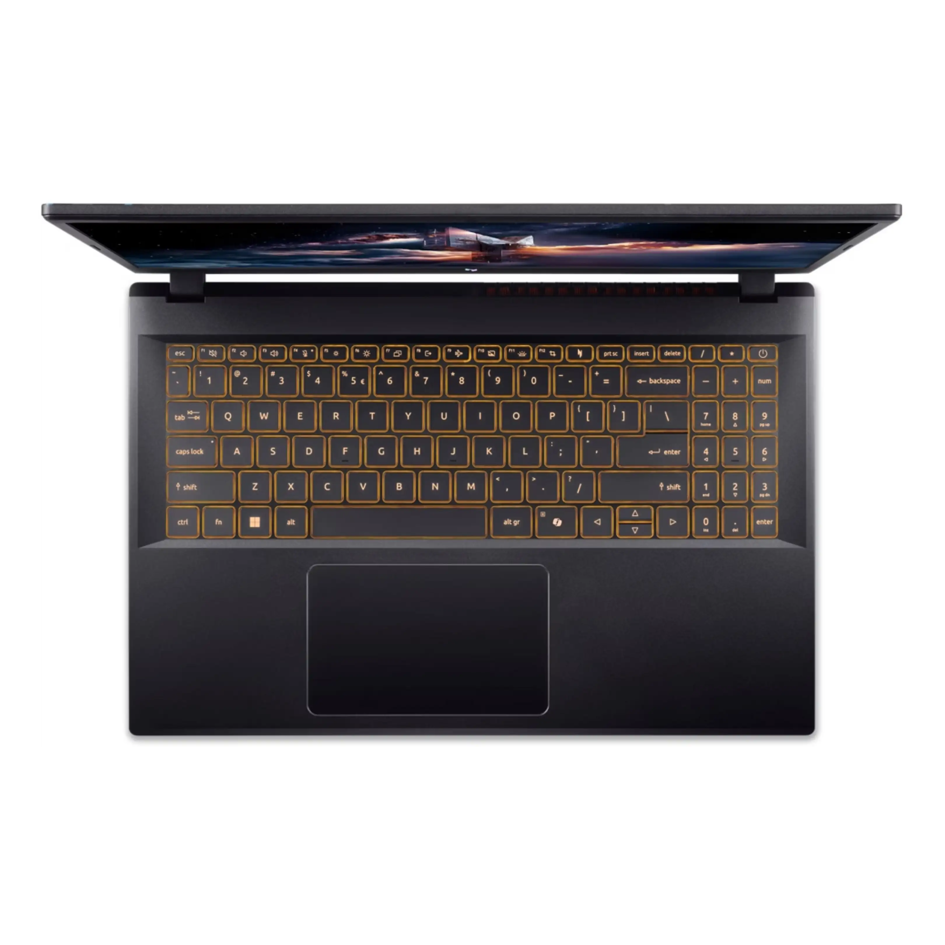 Vista dall'alto di un computer portatile nero con tastiera retroilluminata arancione e touchpad.