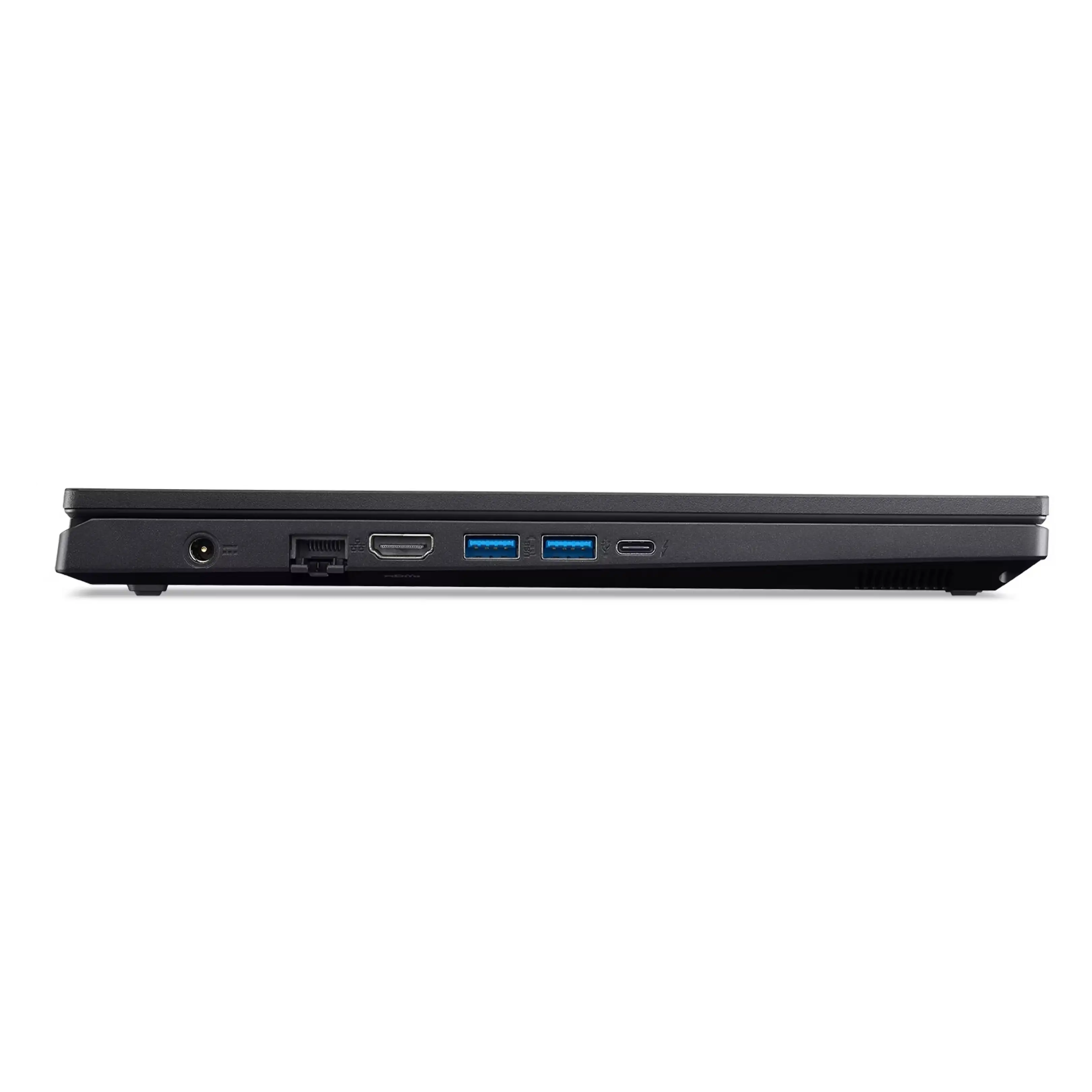 Vista laterale di un laptop nero che mostra porte come alimentazione, Ethernet, HDMI, USB e USB-C su sfondo nero.