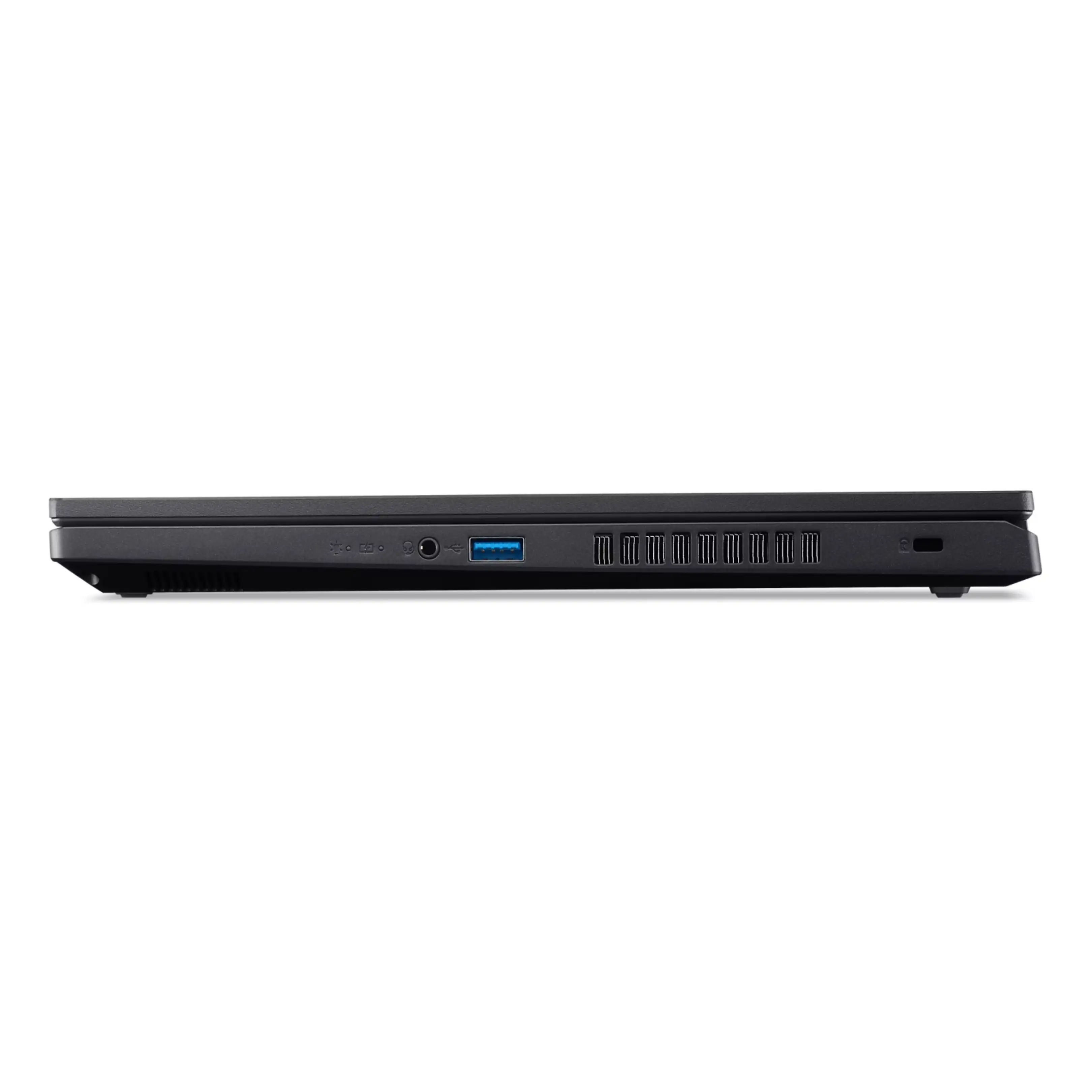 Profilo laterale sinistro di un laptop nero con porte USB, audio e fessure di ventilazione.