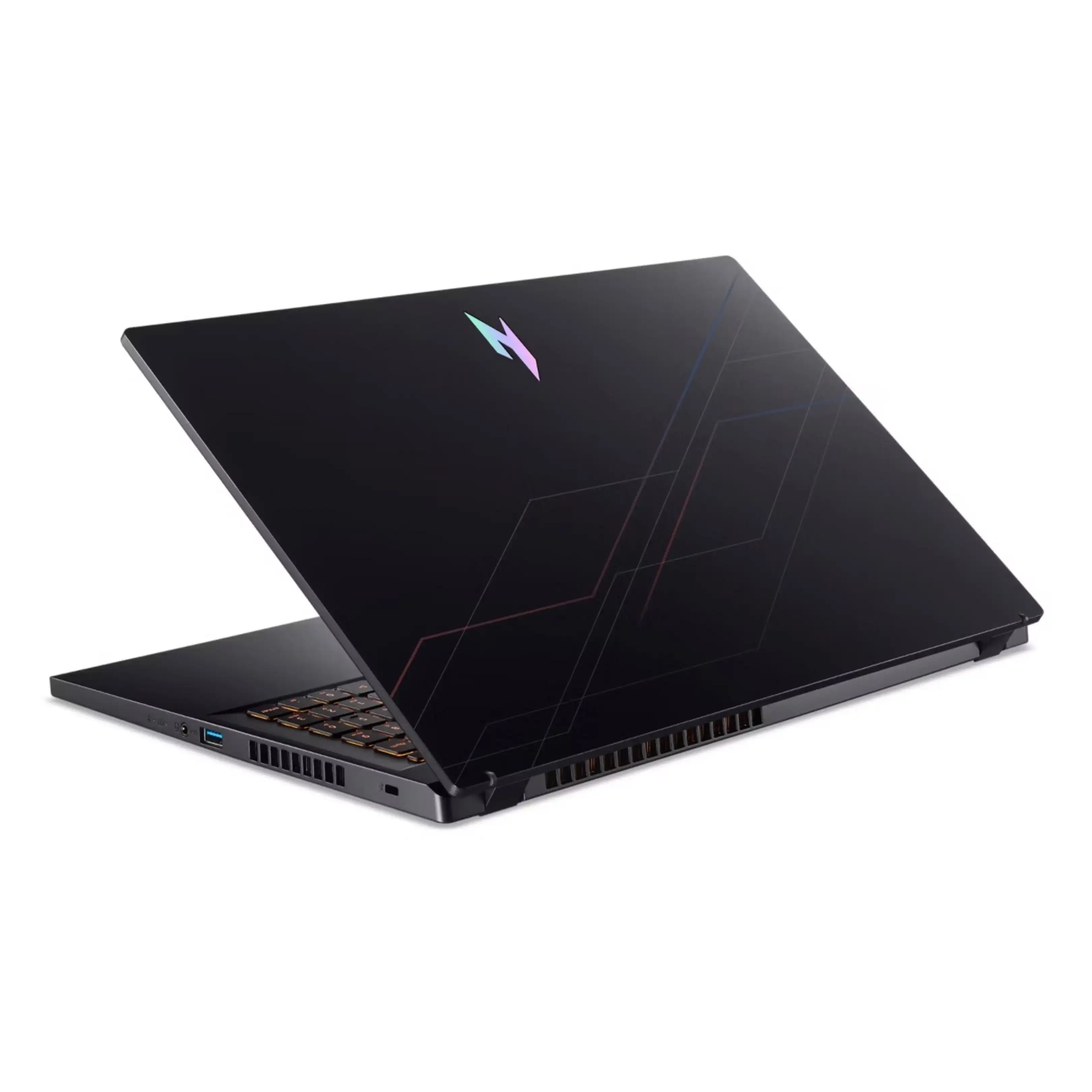 Un computer portatile nero chiuso con linee geometriche, un logo illuminato e prese d'aria.