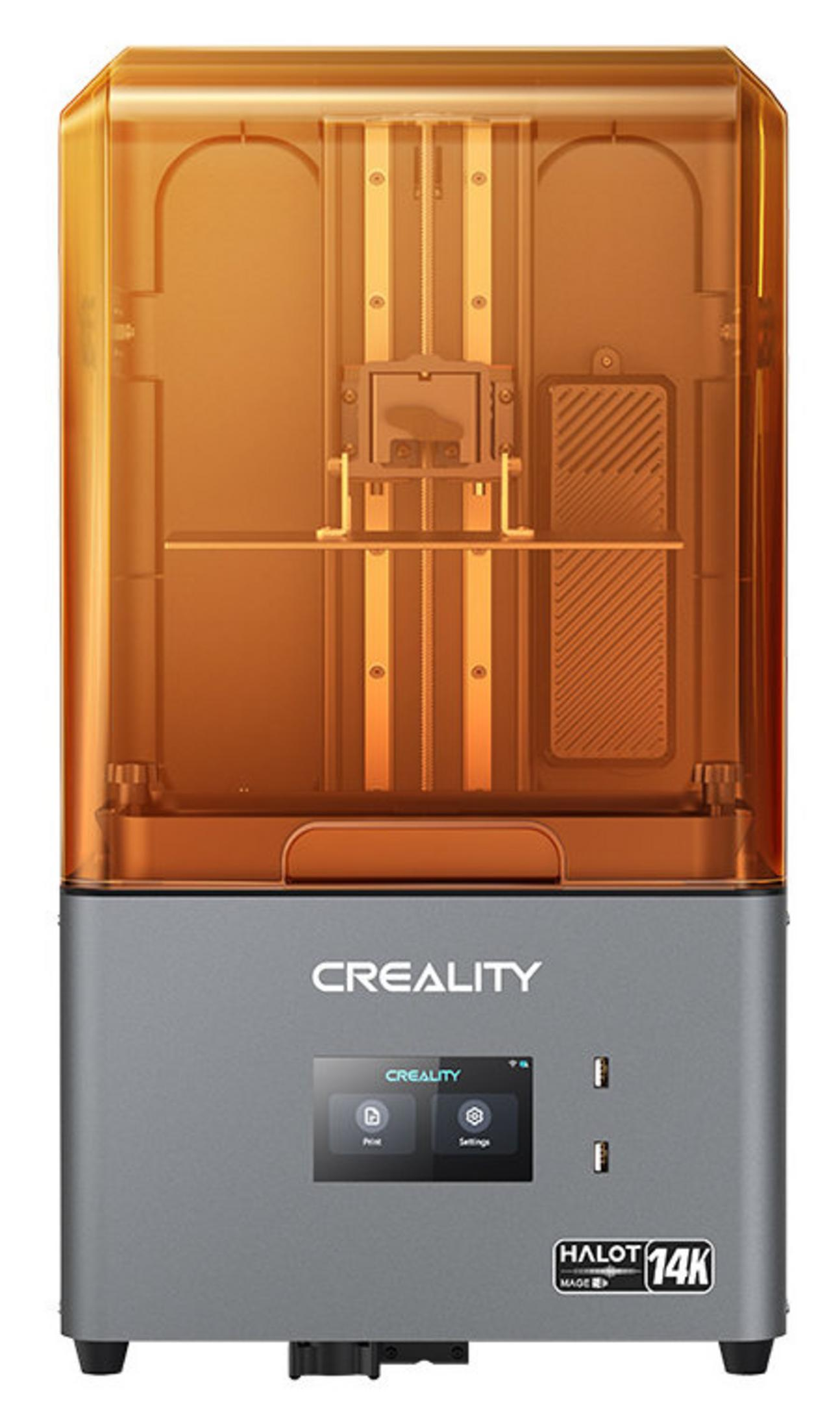 Stampante 3D Creality Halot 14K con coperchio arancione e base grigia.