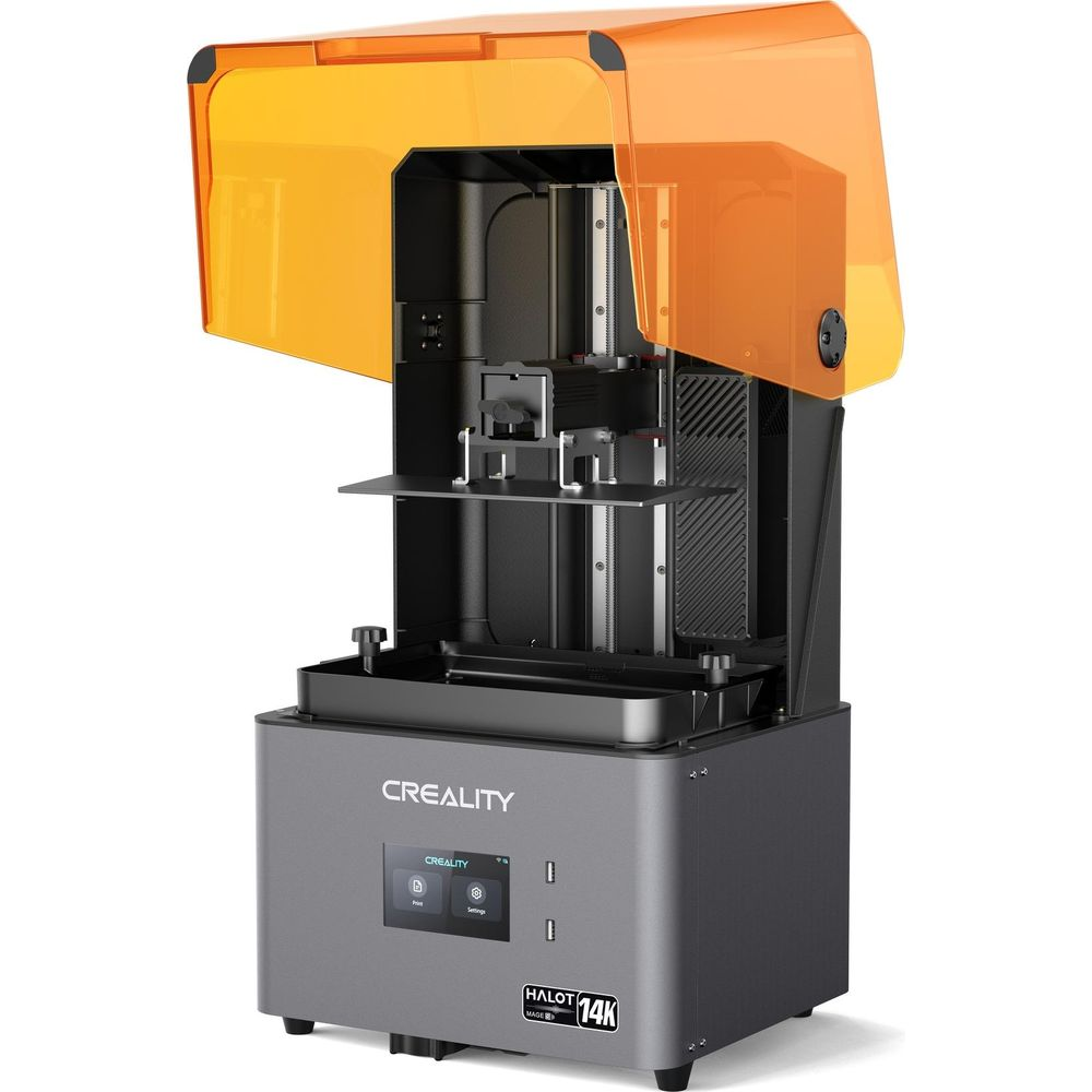 Stampante 3D a resina Creality Halot Mage 14K con coperchio arancione ribaltabile, display digitale e corpo grigio scuro.
