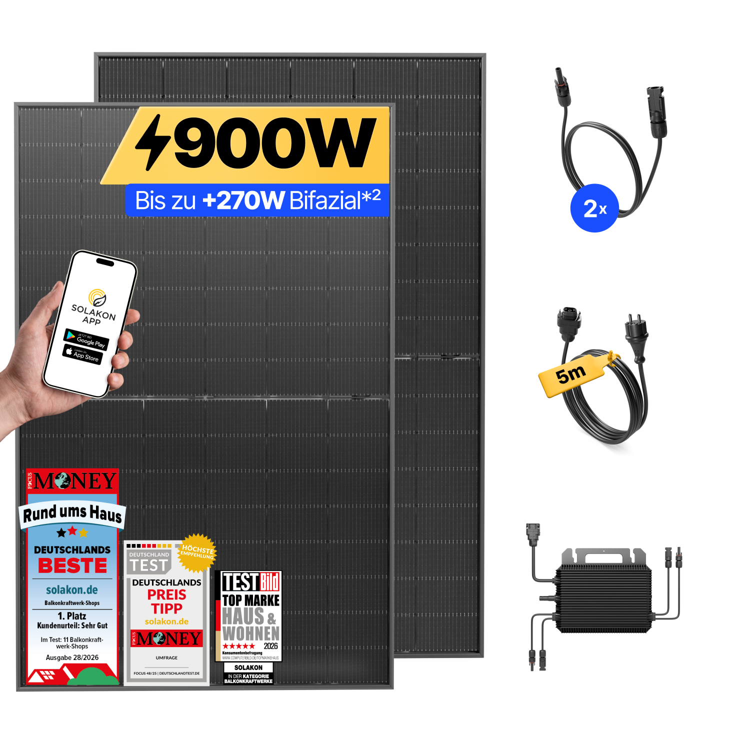 Zwei schwarze Solarpanels mit 900W, Solakon App, zwei Kabel, ein 5m Kabel und ein Wechselrichter.
