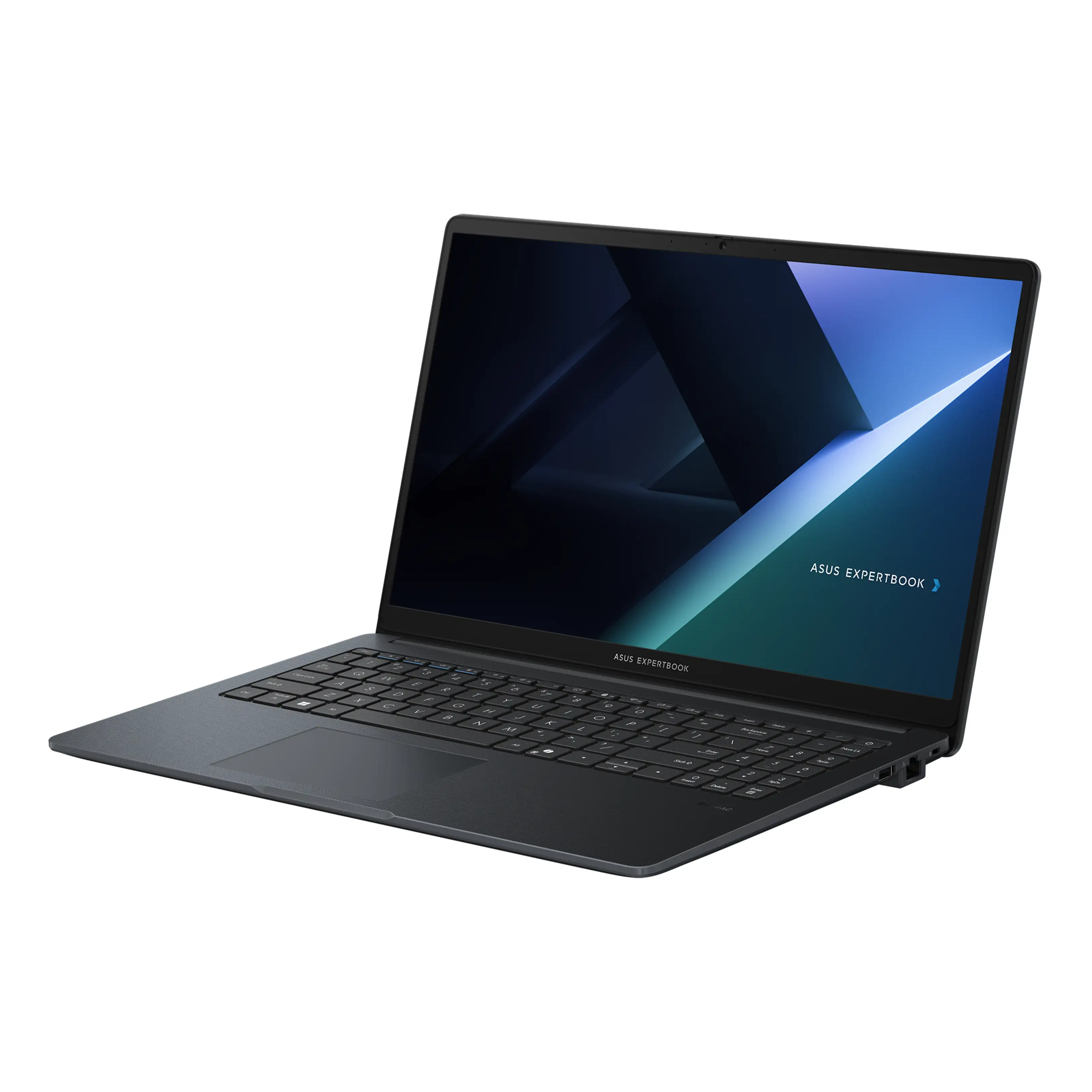 Un computer portatile ASUS ExpertBook grigio scuro aperto su sfondo bianco, visto da un'angolazione.