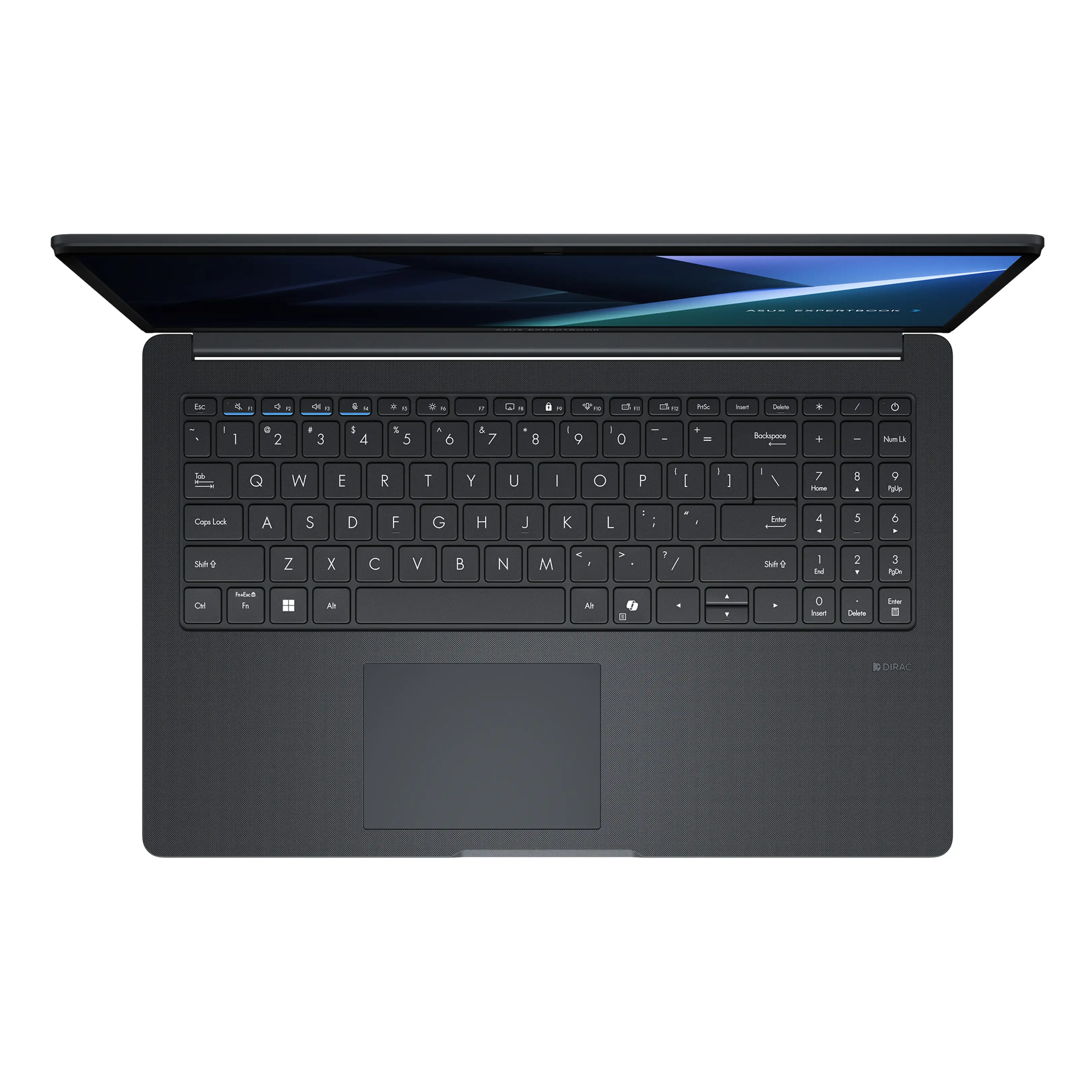 Vista dall'alto di un laptop grigio scuro che mostra la tastiera illuminata, il touchpad e parte dello schermo.