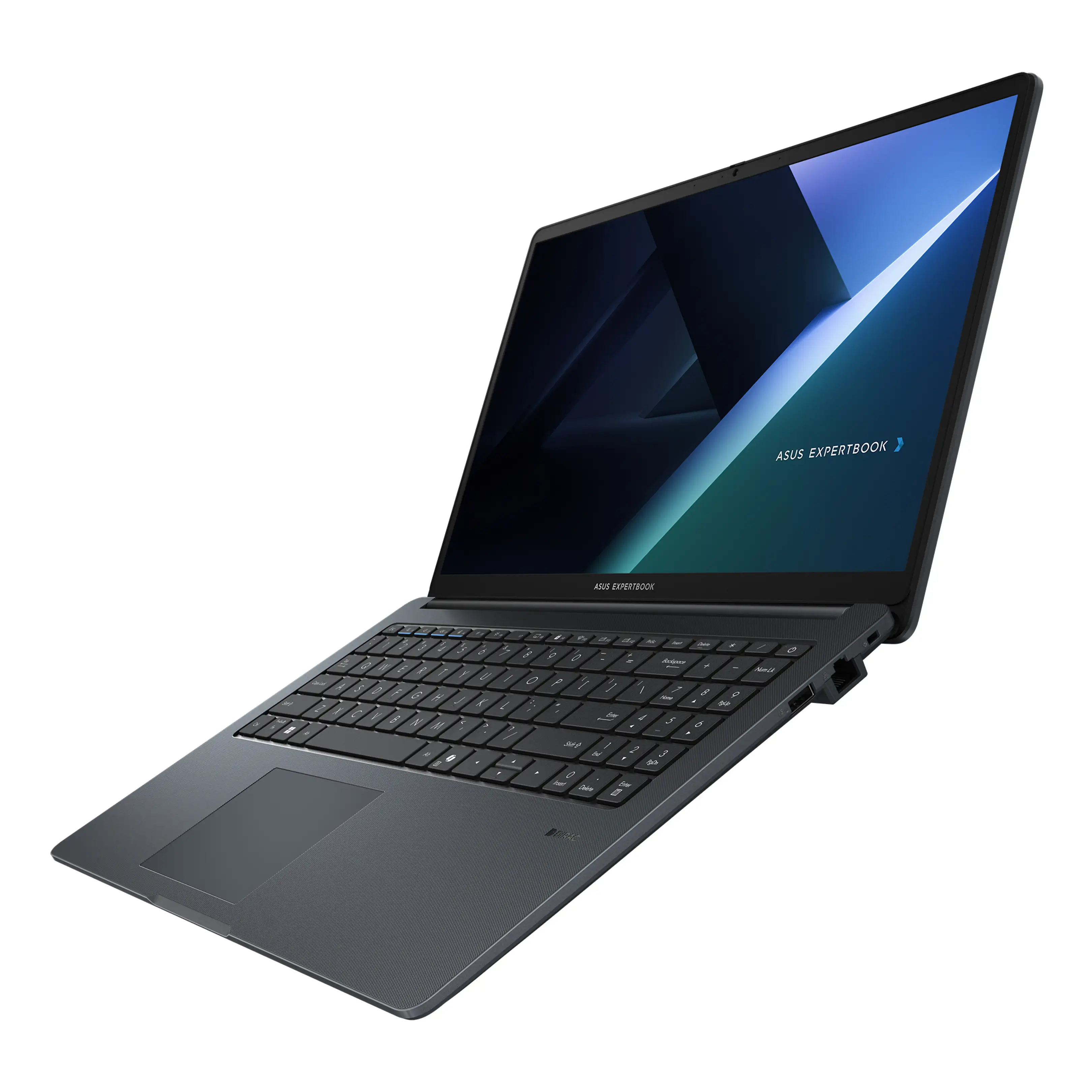 Un computer portatile ASUS ExpertBook grigio è posizionato in obliquo su sfondo nero.