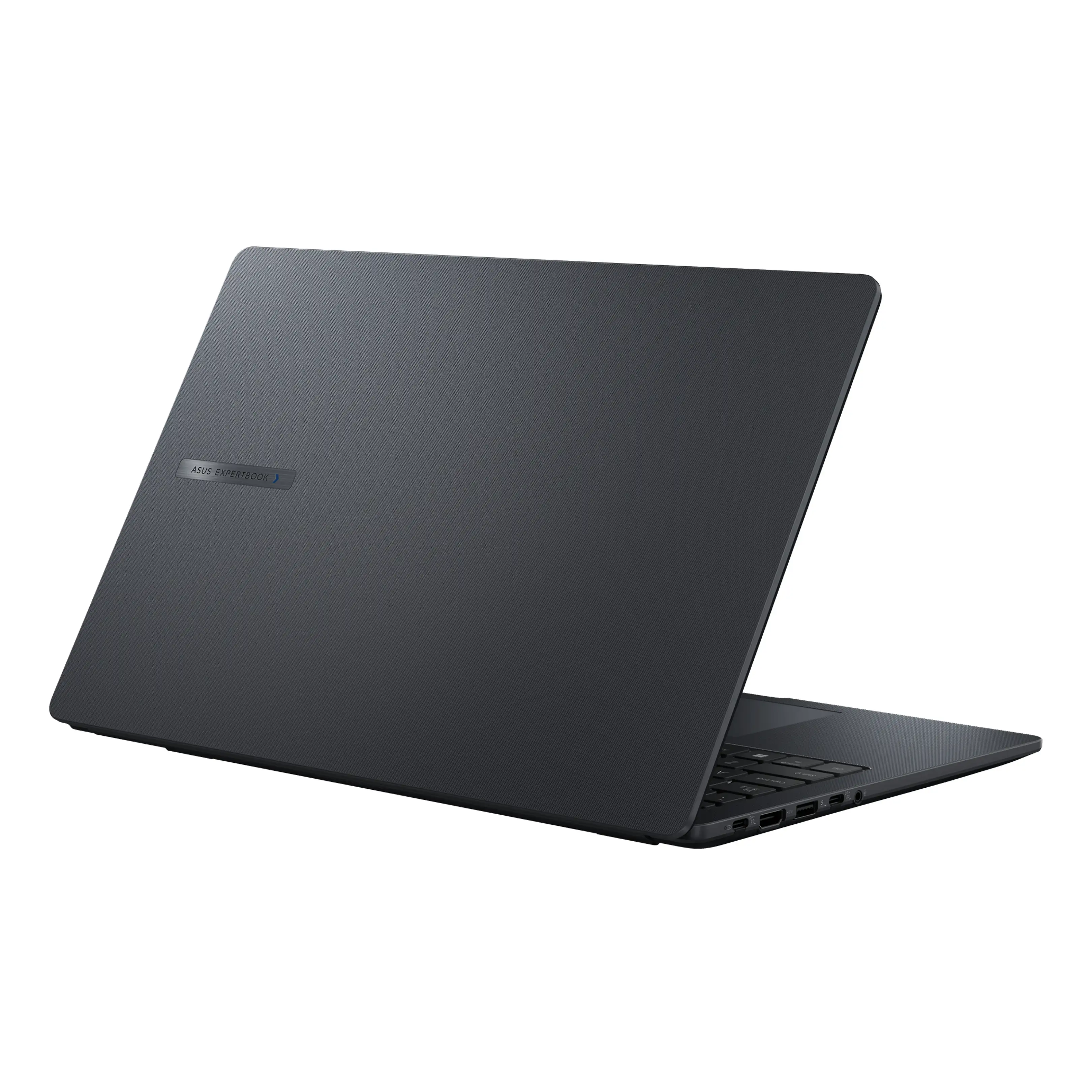 Un laptop Asus ExpertBook nero visto di lato con il coperchio chiuso e le porte visibili.