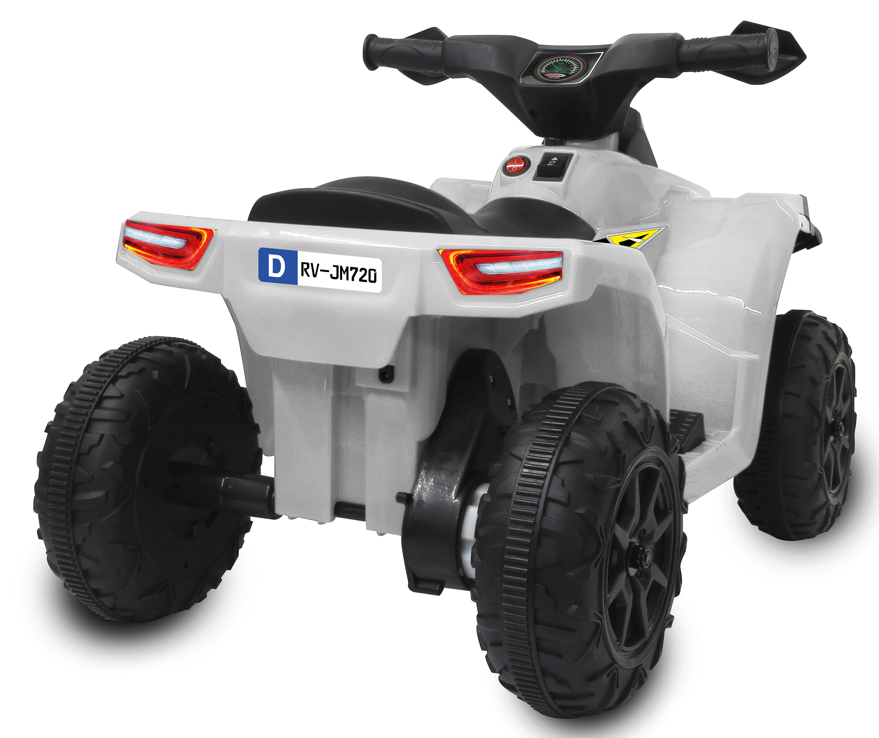 Ein weißes Kinder-Quad von hinten mit großen Profilreifen, rotem Rücklicht und deutschem Kennzeichen.
