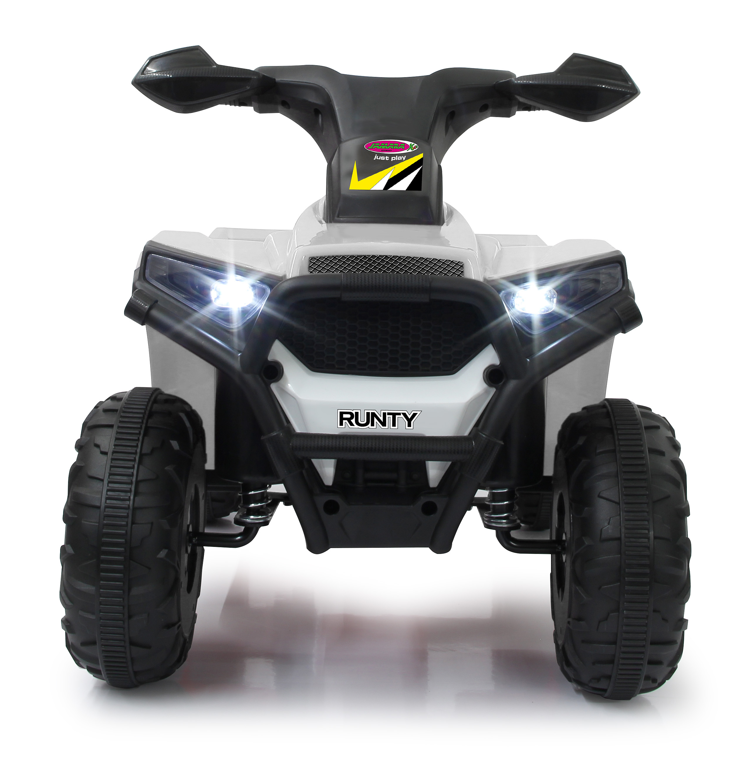 Ein weiß-schwarzes Kinderquad mit leuchtenden Scheinwerfern, groben Reifen und dem Schriftzug RUNTY auf der Stoßstange.