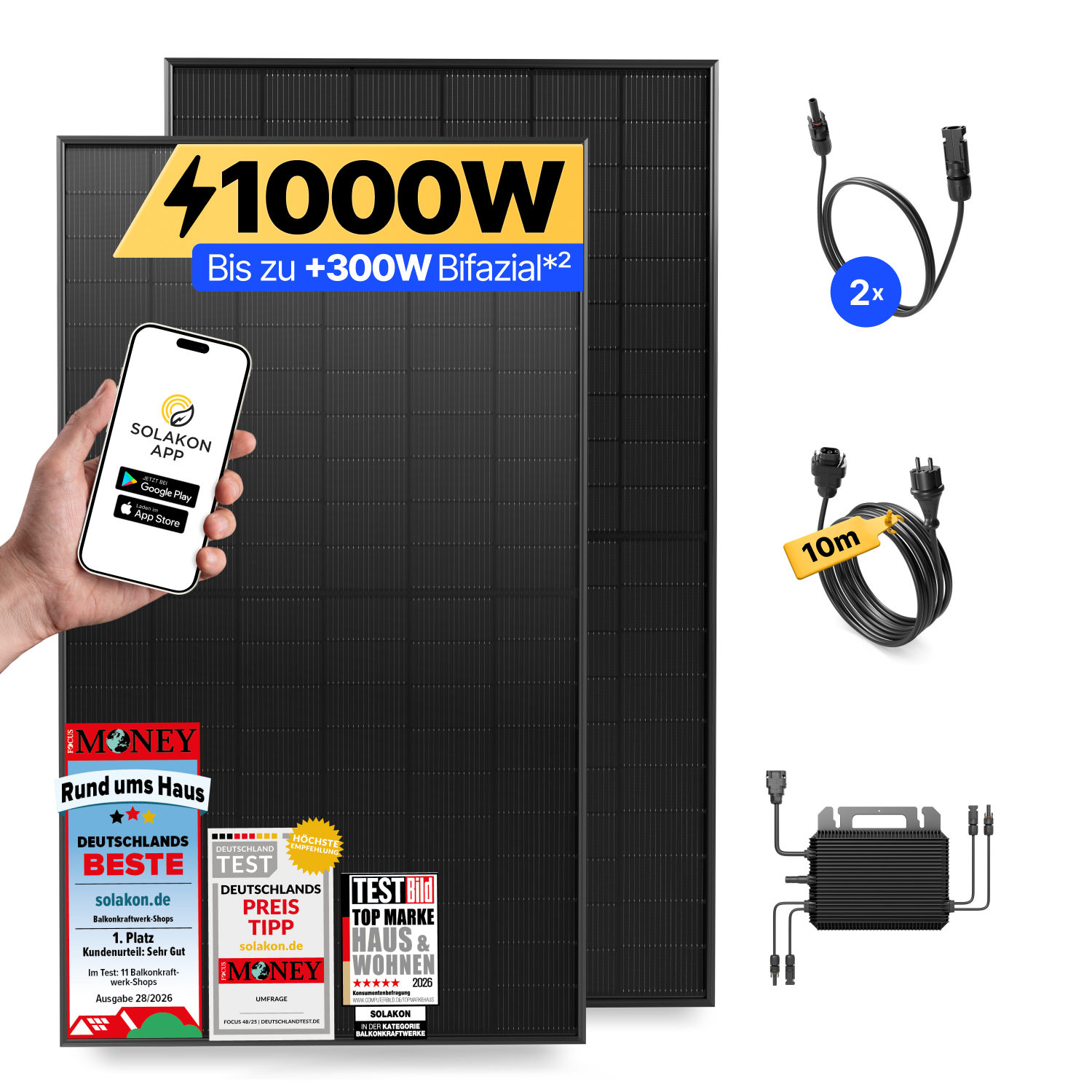 Solarset mit zwei Modulen, Wechselrichter, Kabeln und App-Steuerung, beworben mit Auszeichnungen.