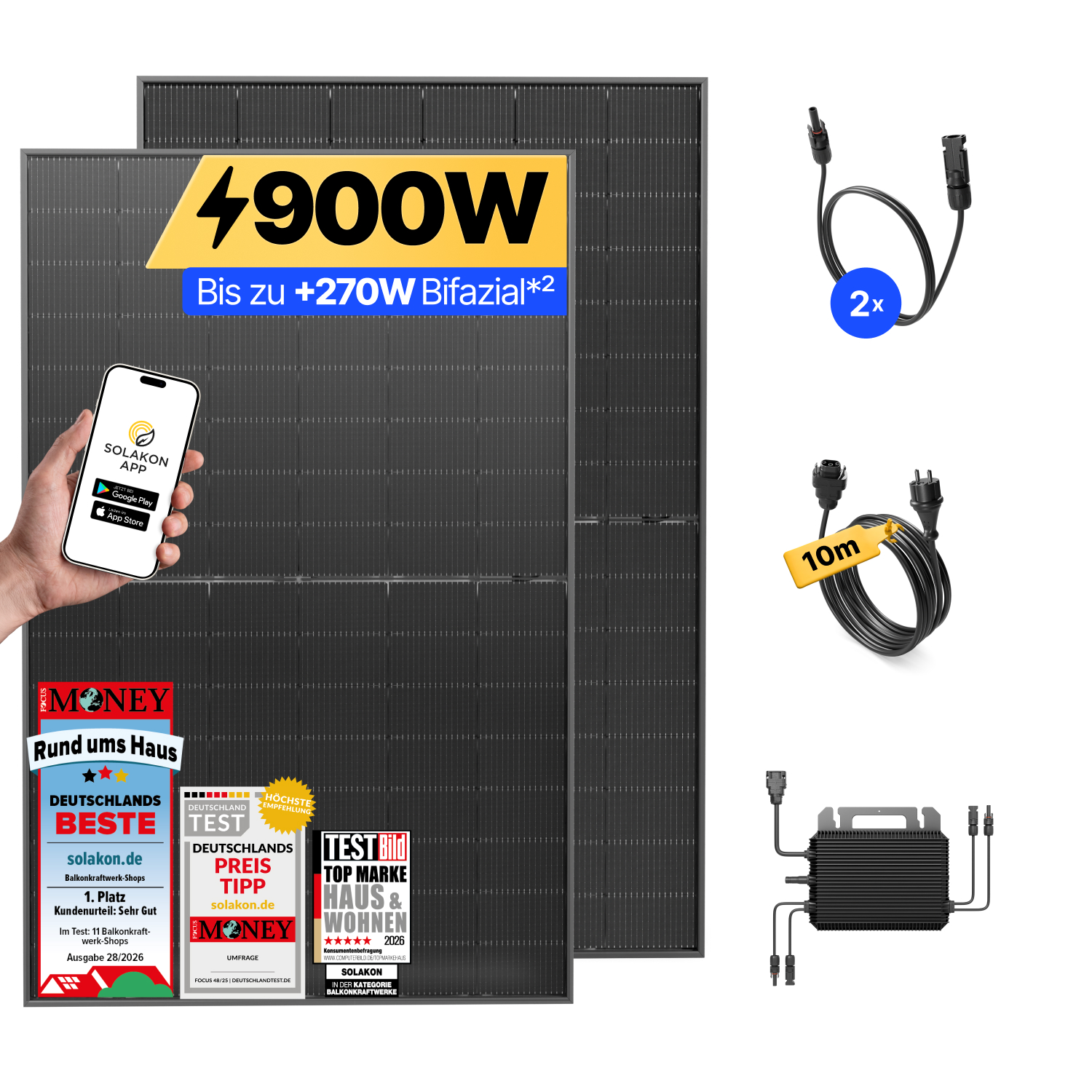 Zwei schwarze Solarmodule, ein Smartphone mit App, Kabel und ein Wechselrichter.