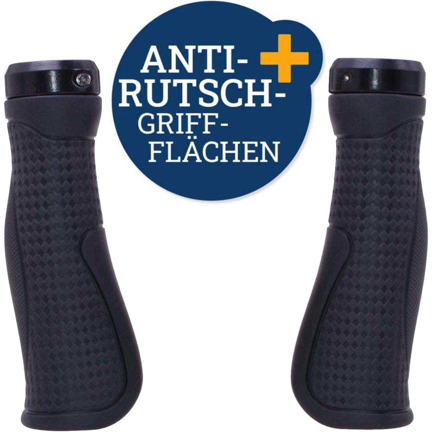 Zwei schwarze ergonomische Fahrradgriffe mit Anti-Rutsch-Struktur.