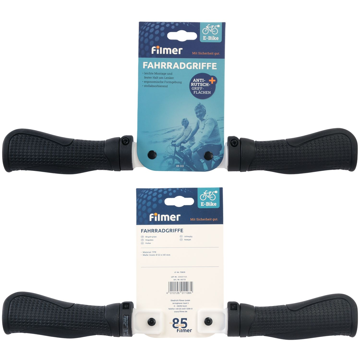 Zwei ergonomische schwarze Fahrradgriffe auf blau-weißer Verpackung mit E-Bike Logo.