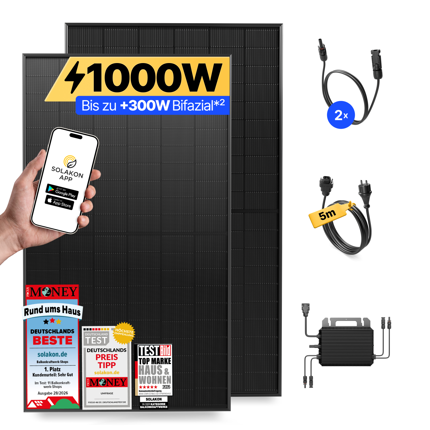 1000W Solaranlage mit App-Steuerung, zwei Modulen, Kabeln und Wechselrichter vor weißem Hintergrund.