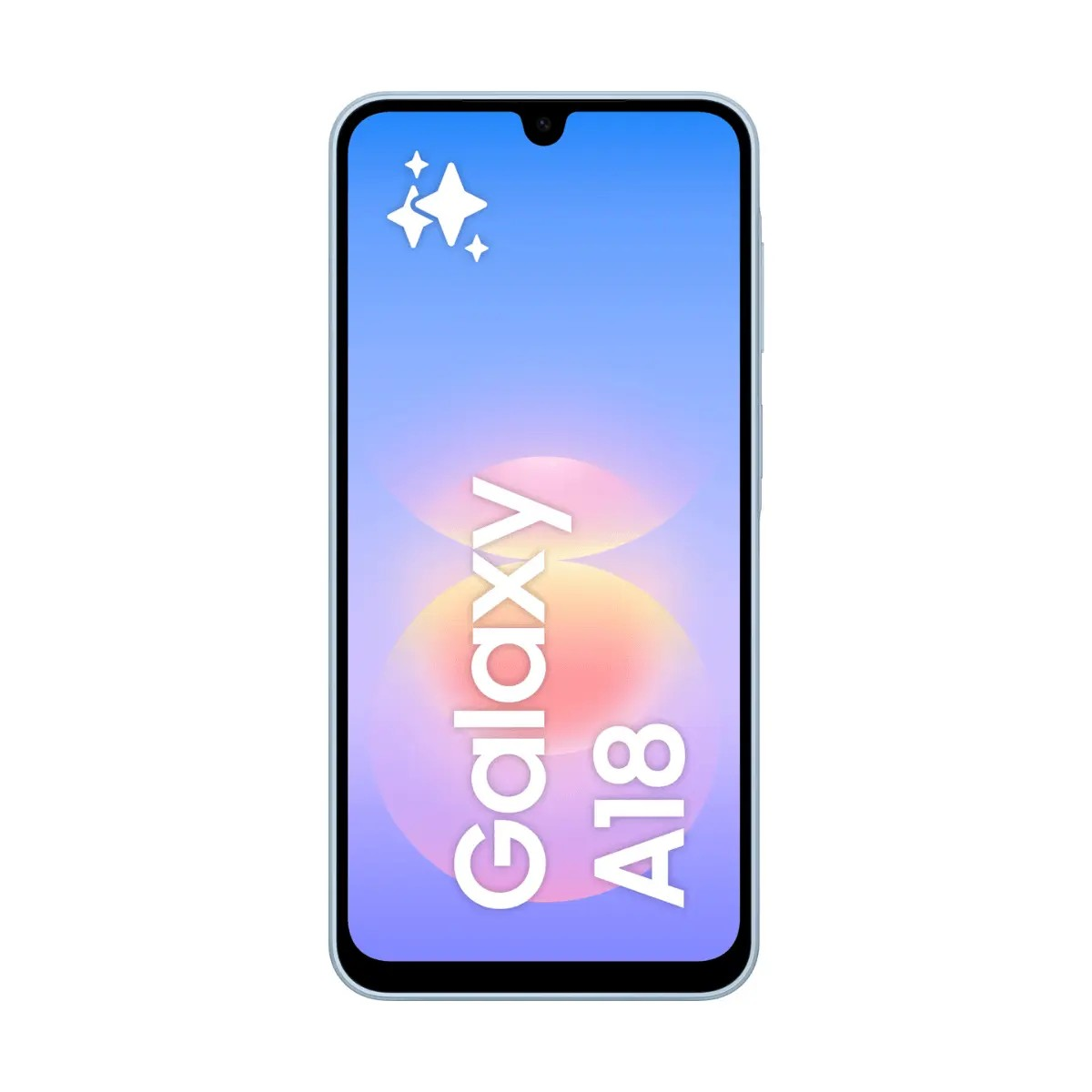 Smartphone Galaxy A18 con testo su sfondo blu con stelle.