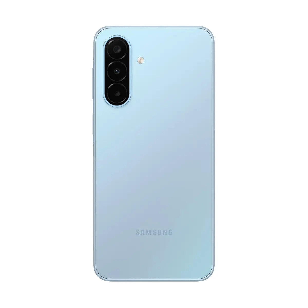 Retro di uno smartphone Samsung azzurro con tripla fotocamera verticale e flash LED su sfondo bianco.