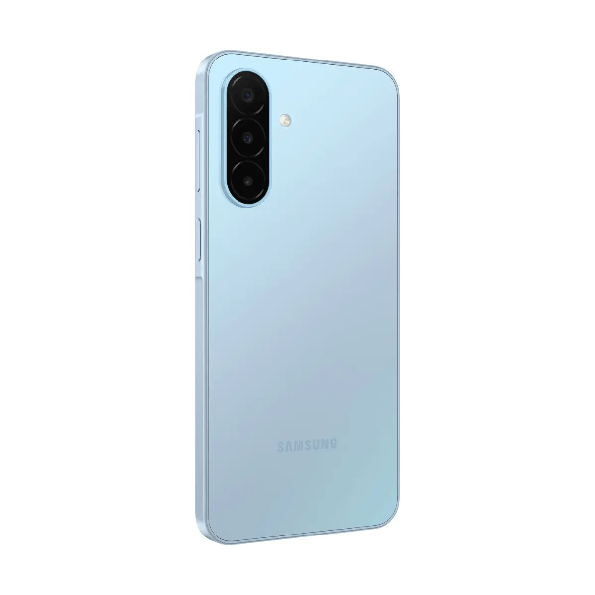 Vista posteriore di uno smartphone Samsung azzurro con tripla fotocamera e logo Samsung sulla superficie liscia.