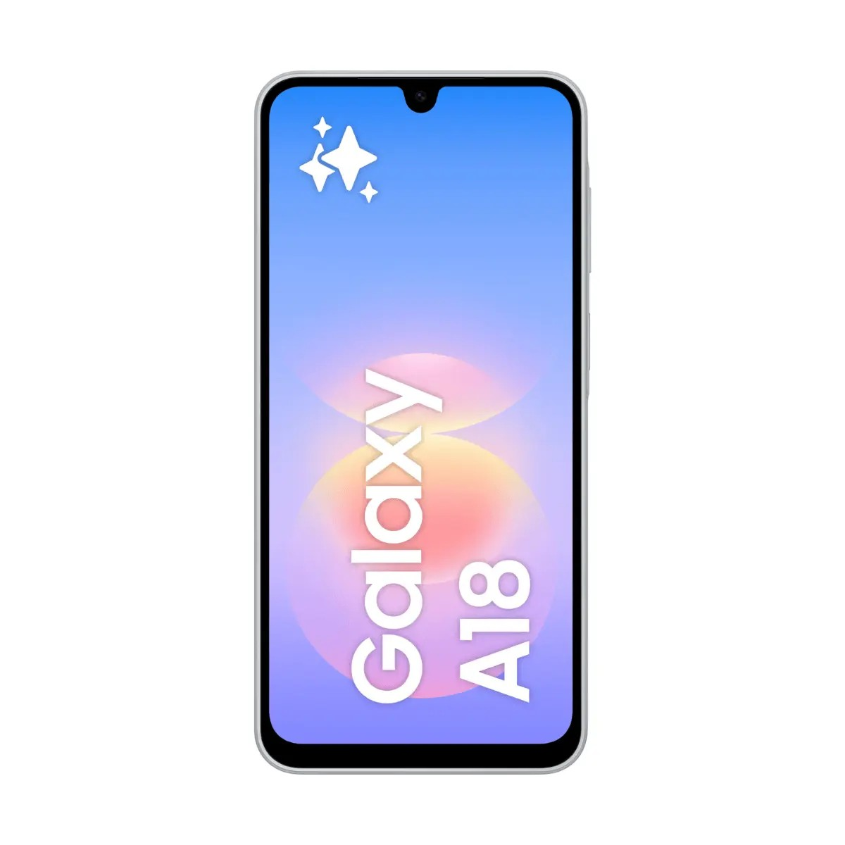 Uno smartphone che mostra uno sfondo astratto colorato e il testo Galaxy A18.