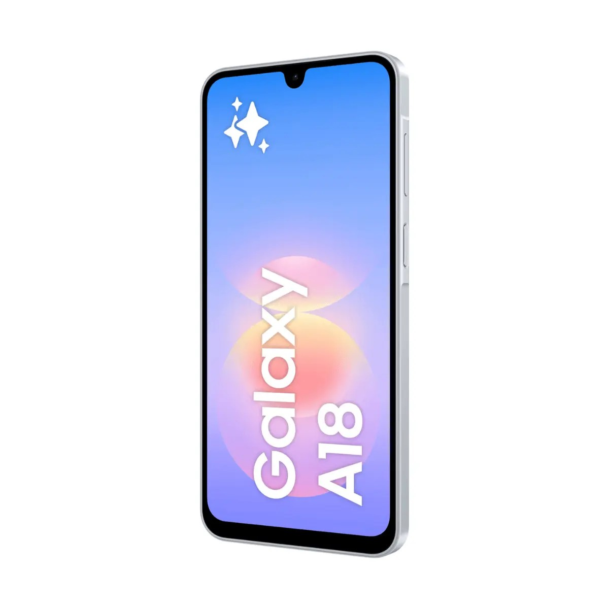 Uno smartphone bianco Samsung Galaxy A18 mostra uno schermo blu con la scritta Galaxy A18.