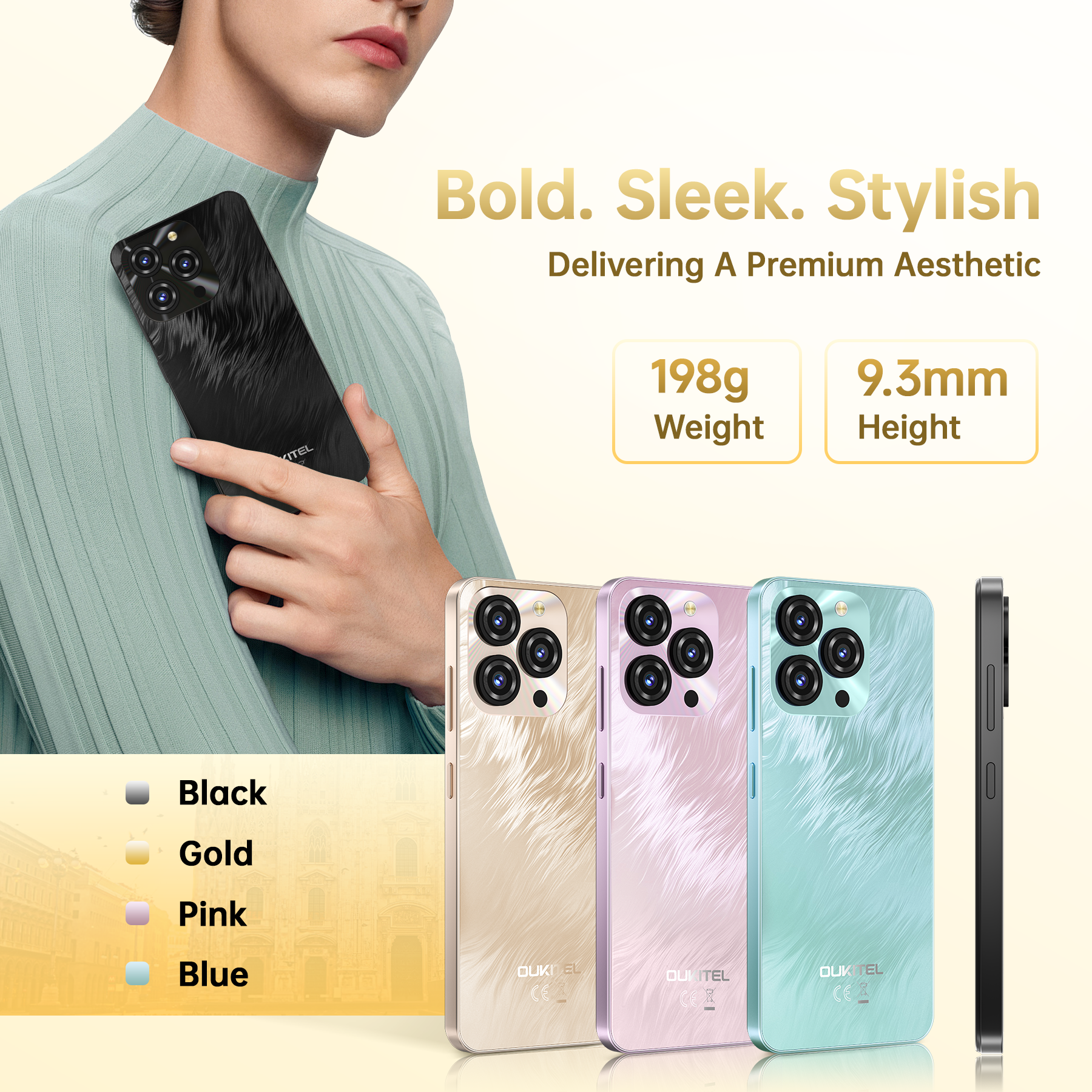Elegante banner publicitario de teléfonos en negro, oro, rosa y azul con texto.