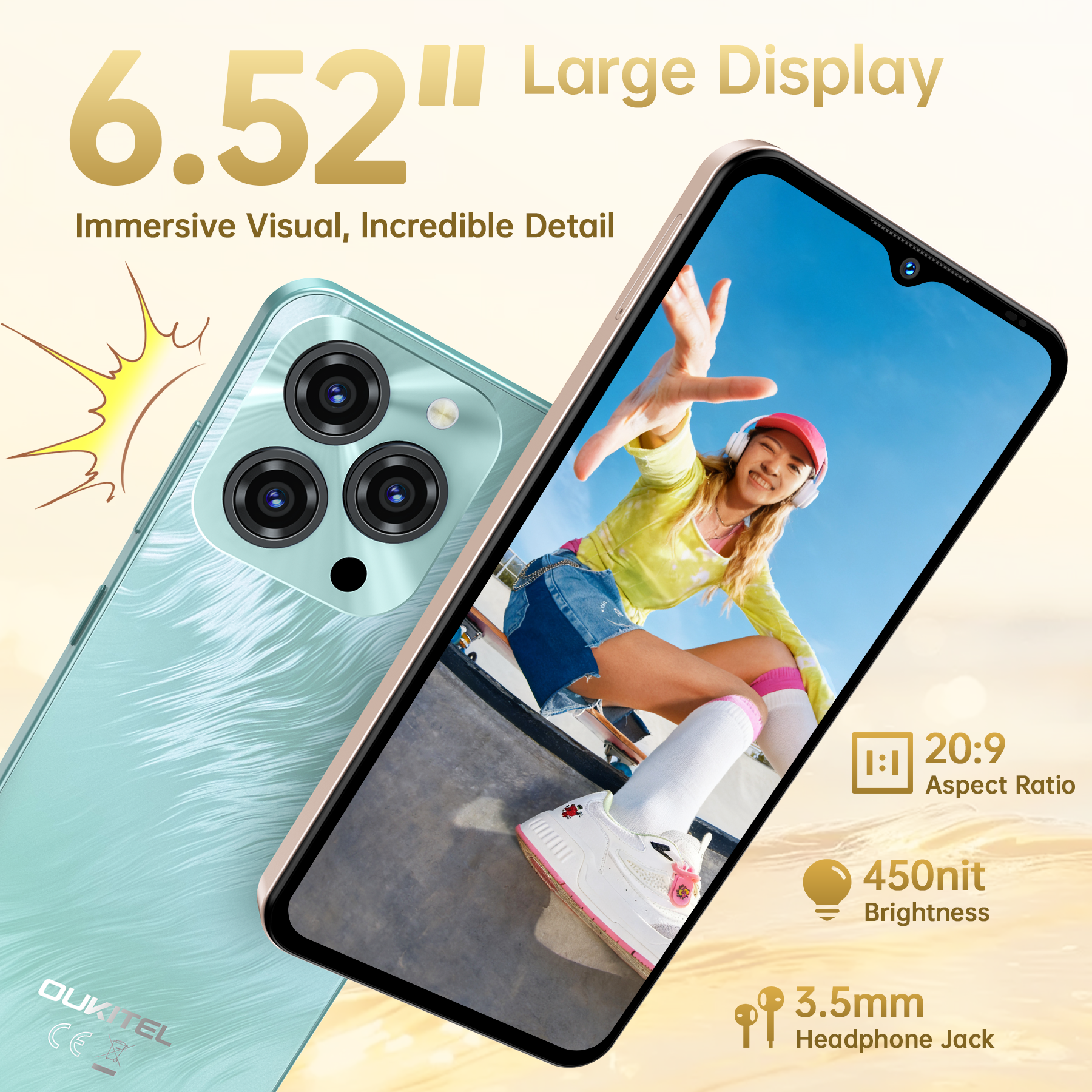 Un smartphone azul claro que muestra su gran pantalla, triple cámara y especificaciones como 450 nits de brillo.