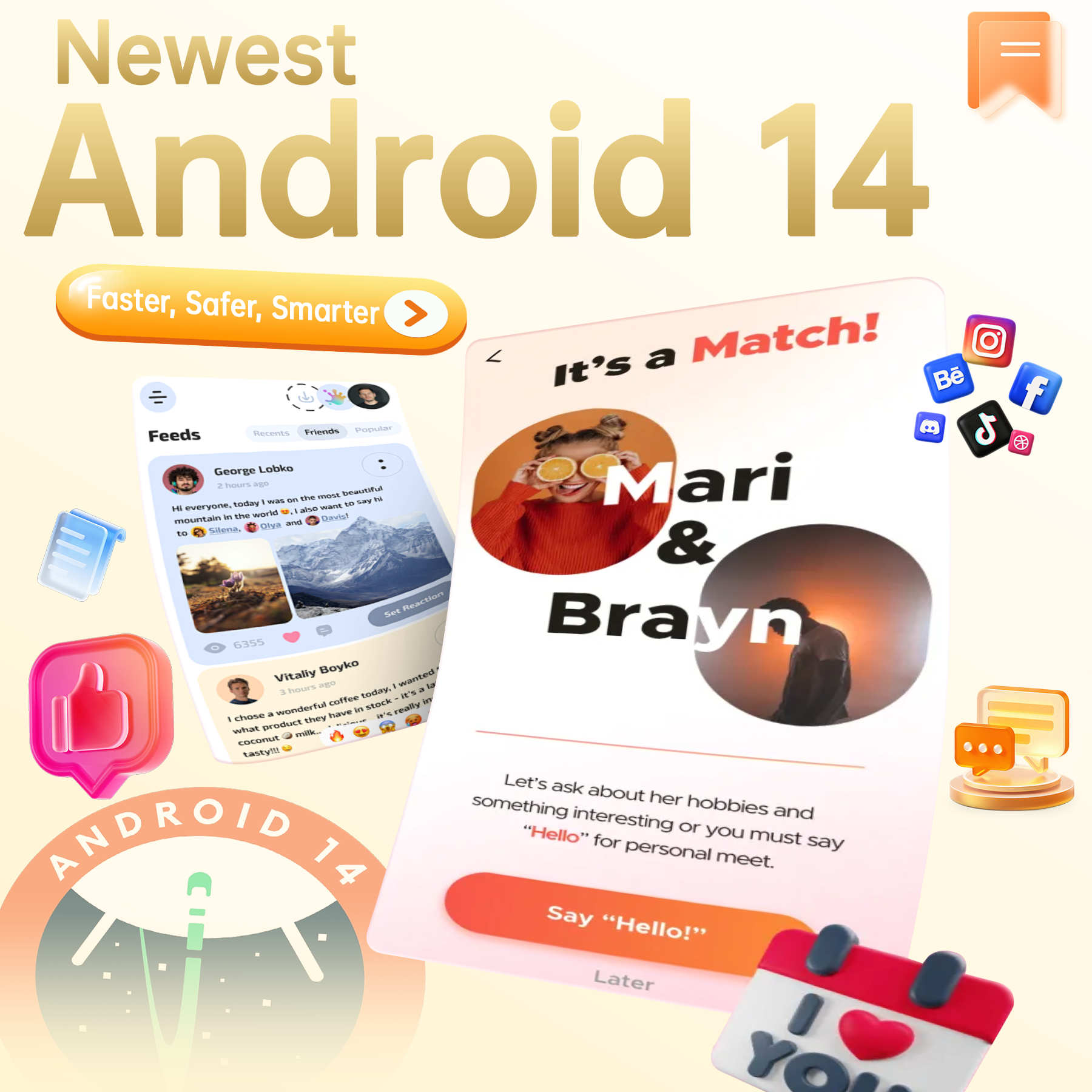 Cartel promocional de Android 14 con interfaces de aplicaciones, iconos sociales y texto It's a Match.