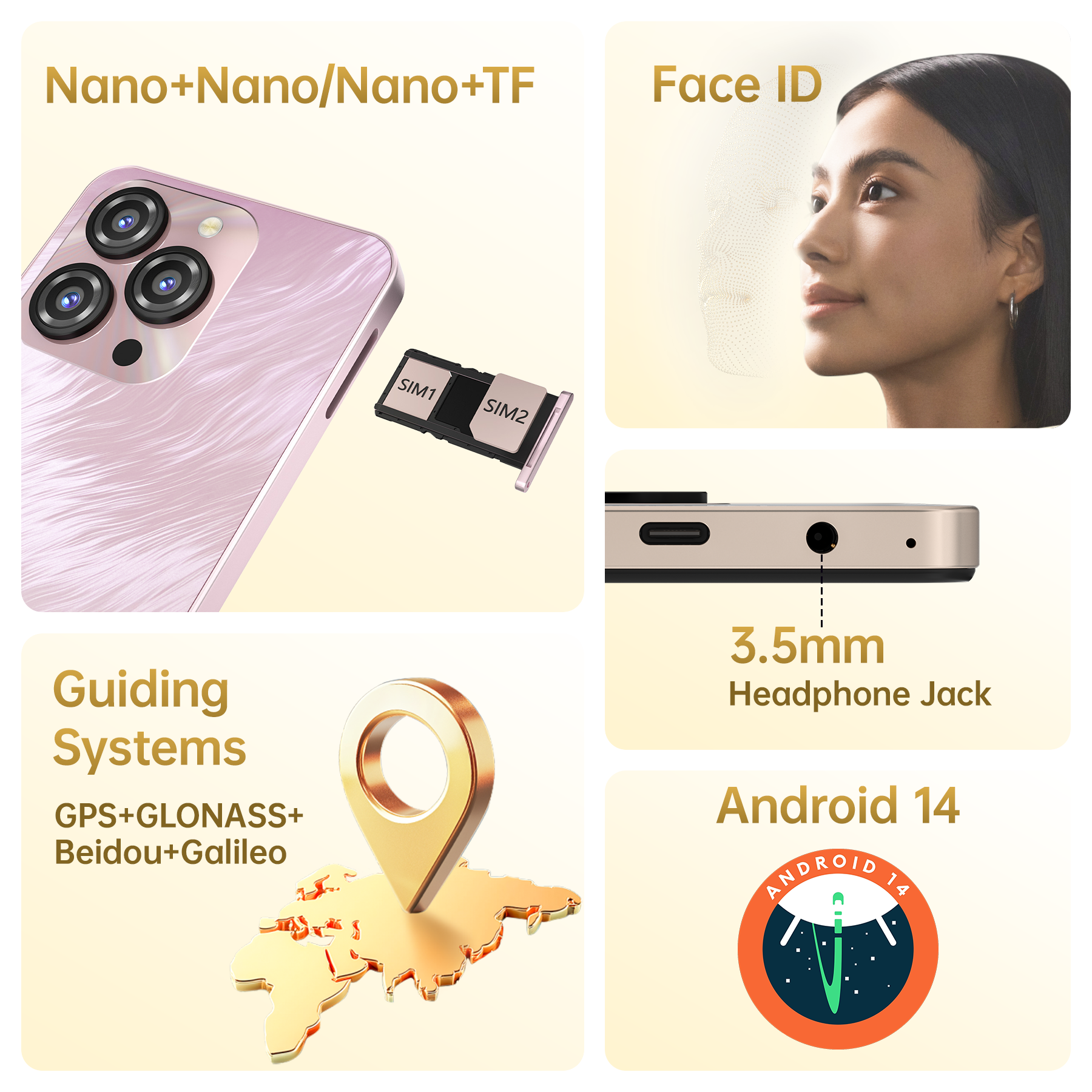 Funciones del teléfono: tarjetas SIM, Face ID, conector de audio, GPS y Android 14.