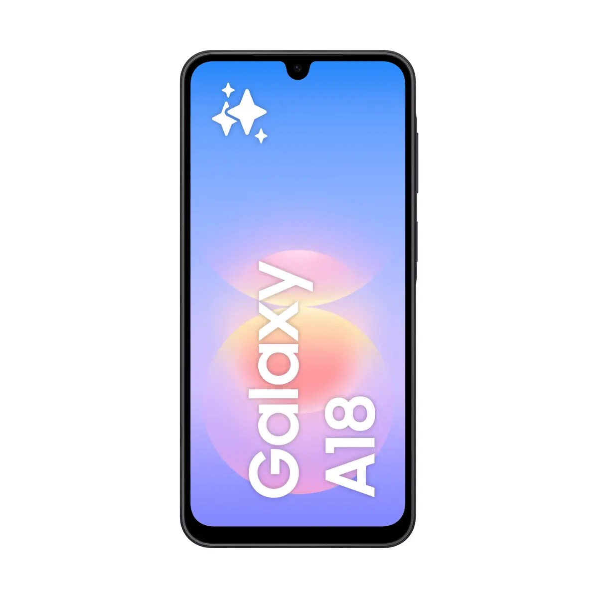 Uno smartphone nero mostra la scritta Galaxy A18 su sfondo sfumato azzurro e rosa.