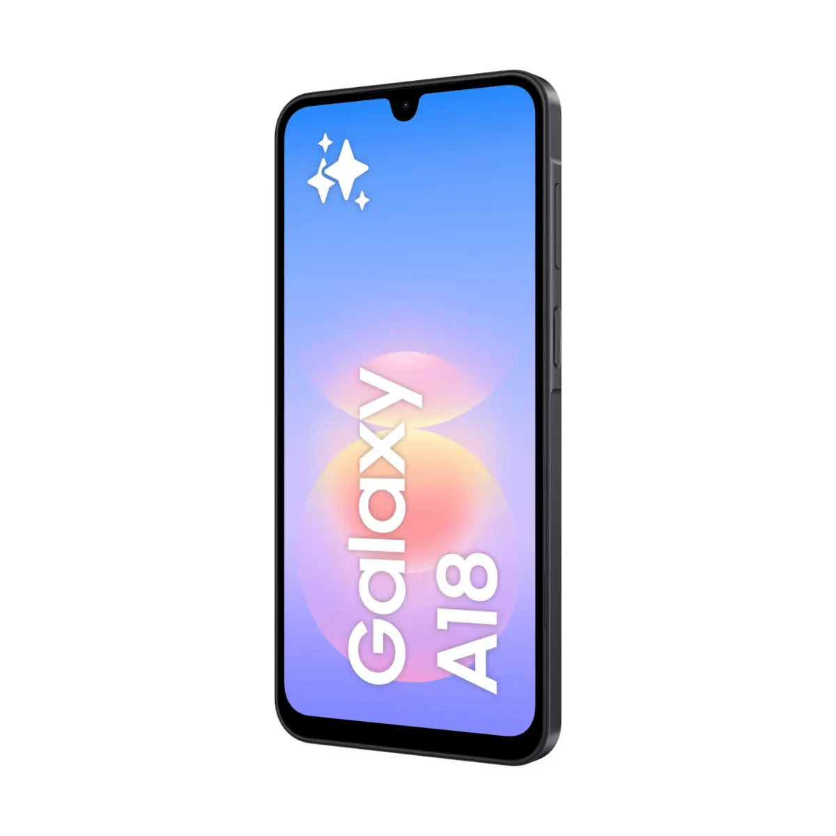 Uno smartphone nero con la scritta Galaxy A18 sullo schermo blu.