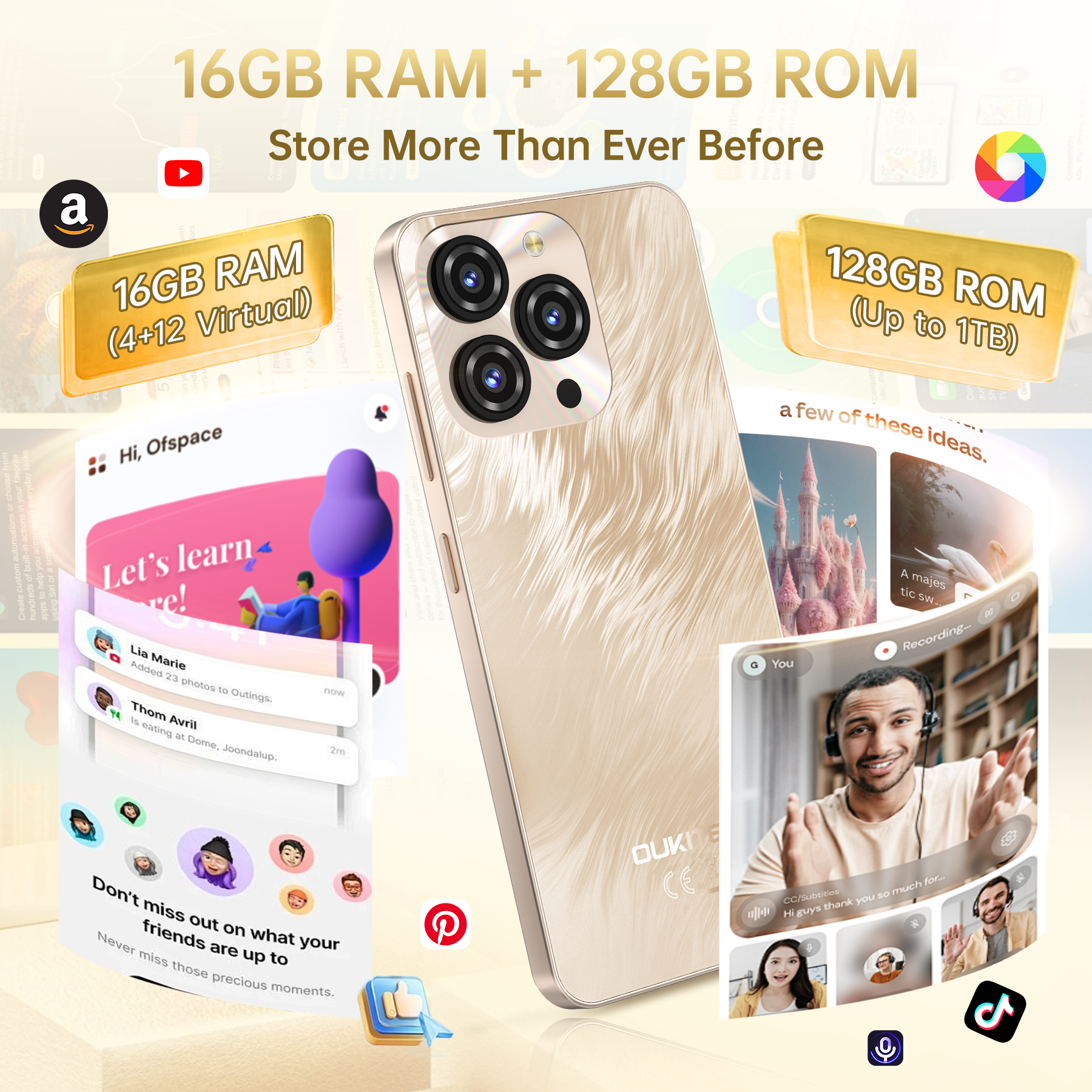 Smartphone dorado con 16 GB de RAM y 128 GB de ROM, rodeado de pantallas de aplicaciones.