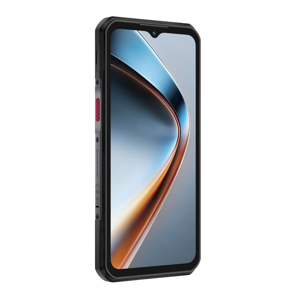 Uno smartphone nero robusto con angoli arrotondati e uno sfondo dello schermo colorato e curvo.