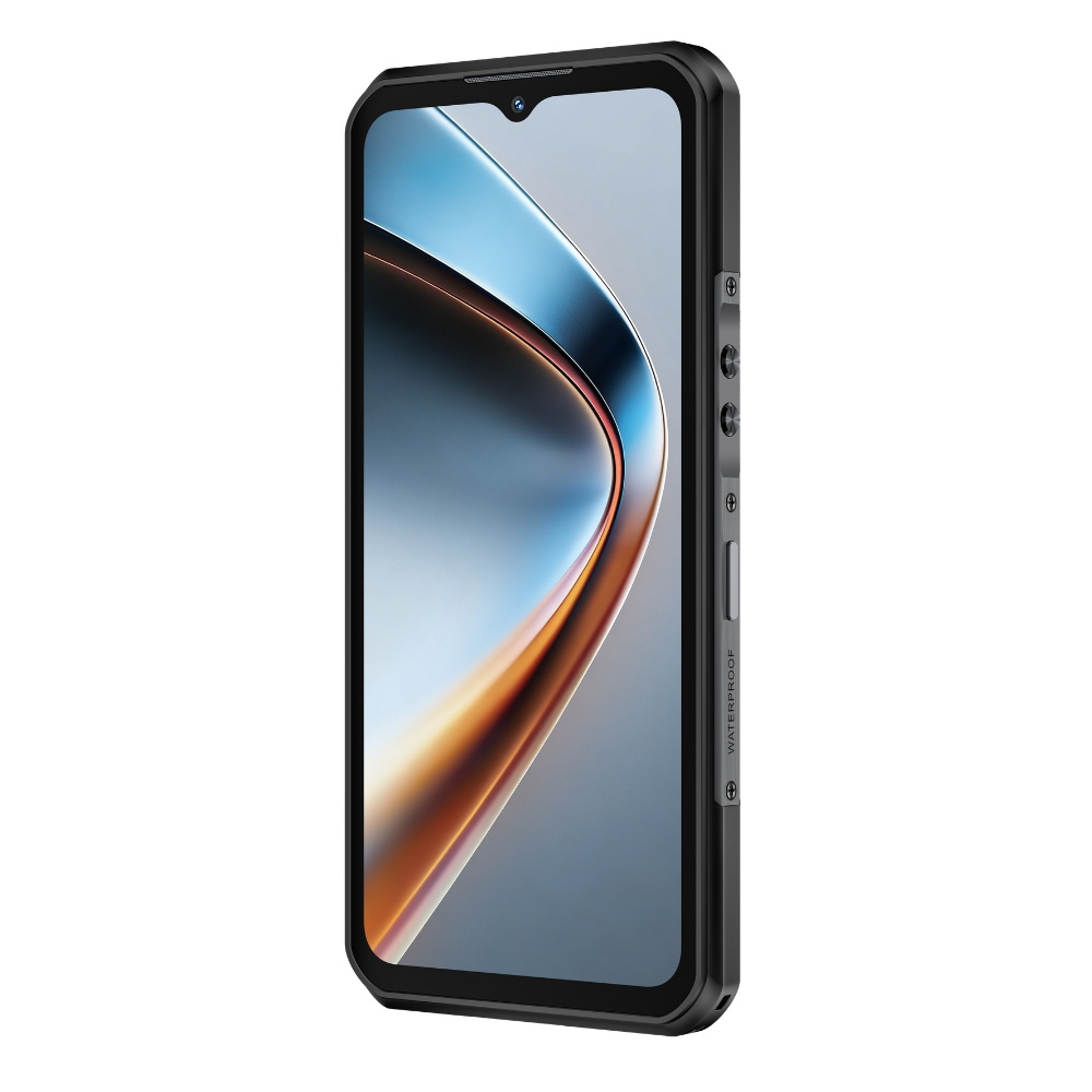 Uno smartphone nero robusto mostra uno schermo con un design curvo blu e arancione.