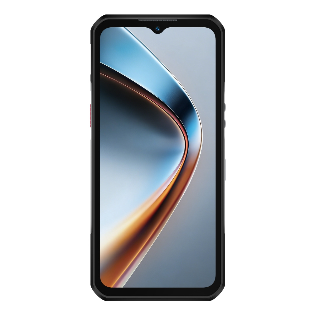 Uno smartphone rugged con scocca nera mostra uno sfondo astratto blu e arancione.