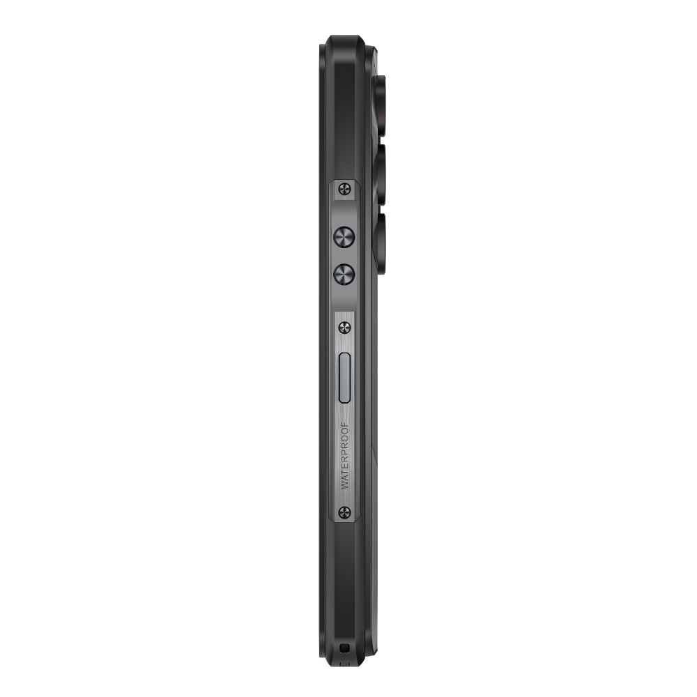 Vista laterale di uno smartphone nero robusto con pulsanti rotondi, viti e scritta WATERPROOF.