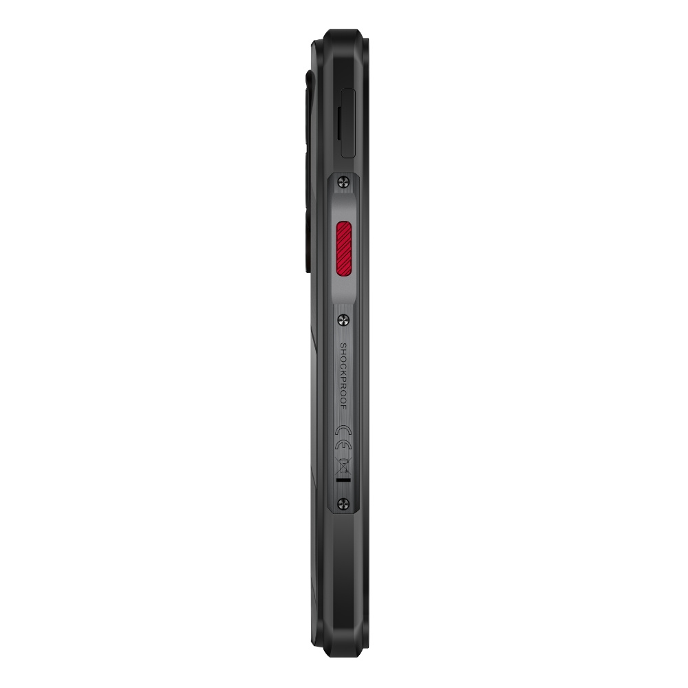 Vista laterale di uno smartphone robusto con un pulsante rosso testurizzato e la scritta SHOCKPROOF.