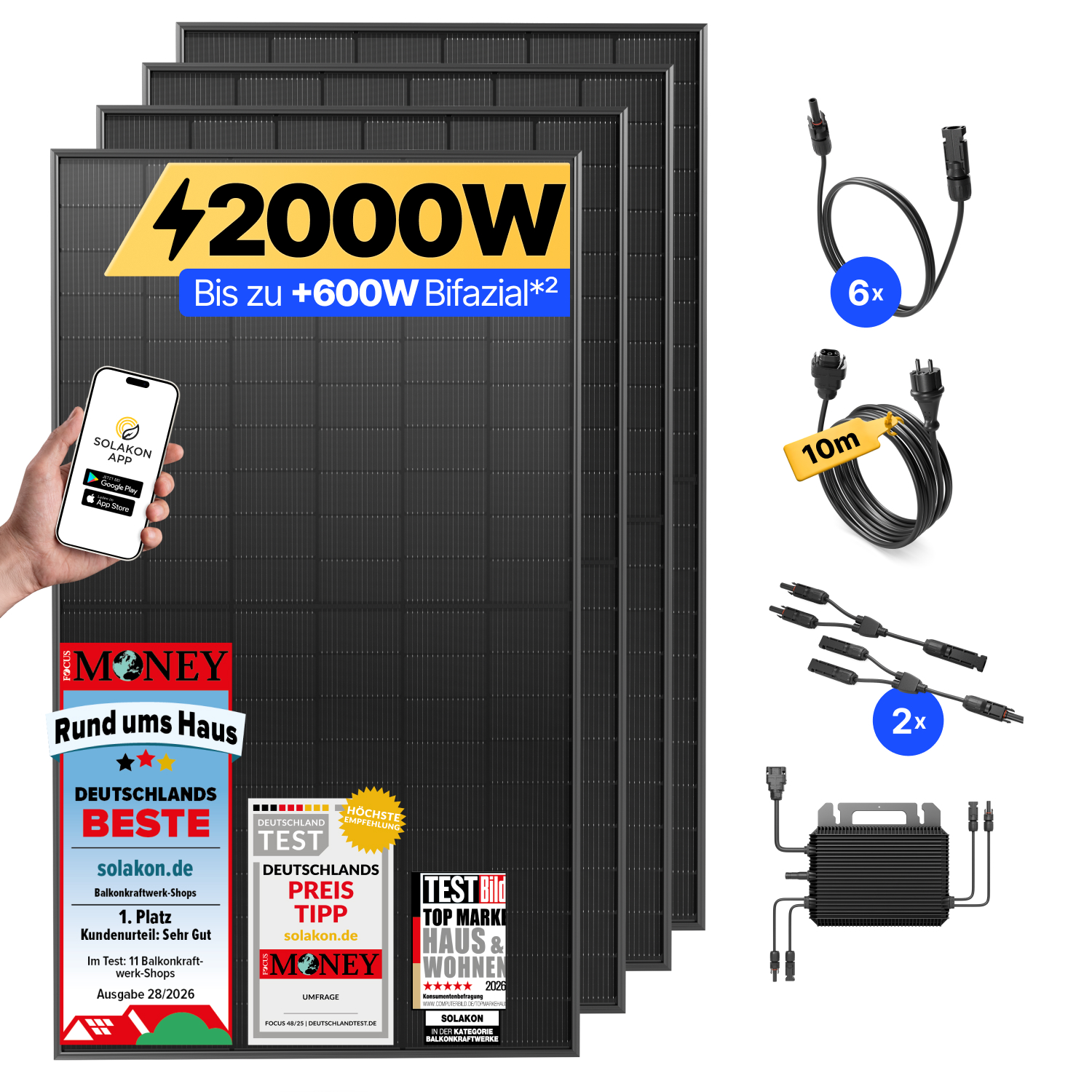 Vier Solarmodule mit Inverter, Kabeln und App-Steuerung, beworben mit Preisen und 2000W.