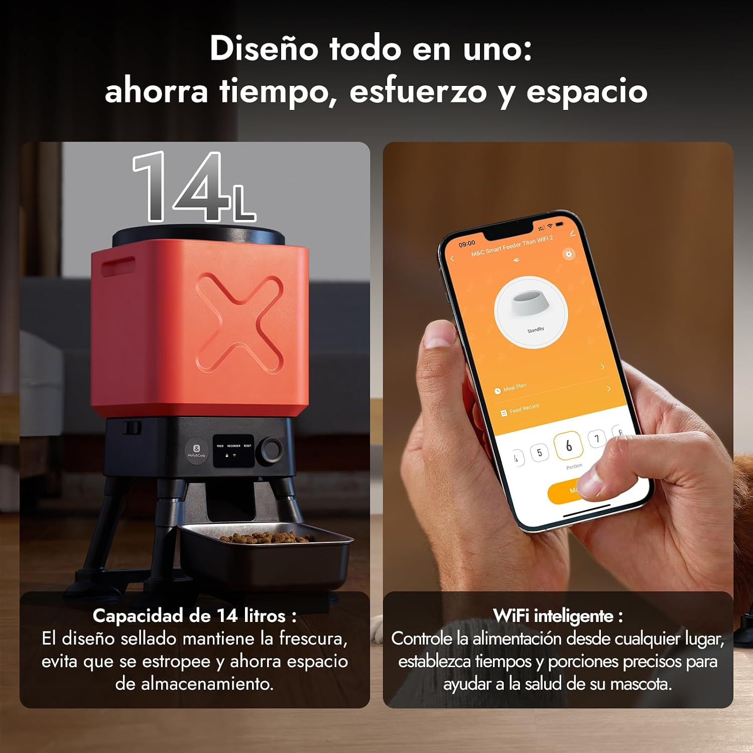 Comedero inteligente para mascotas con recipiente rojo de 14L y app móvil para porciones.