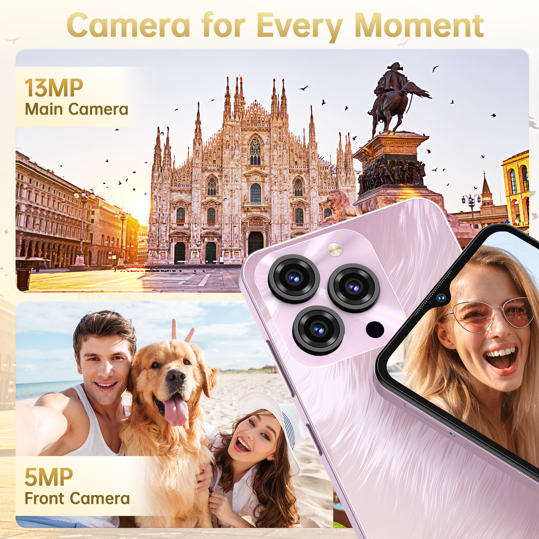 Smartphone rosa que muestra tres cámaras, una catedral de fondo y una pareja haciéndose un selfie con un perro.