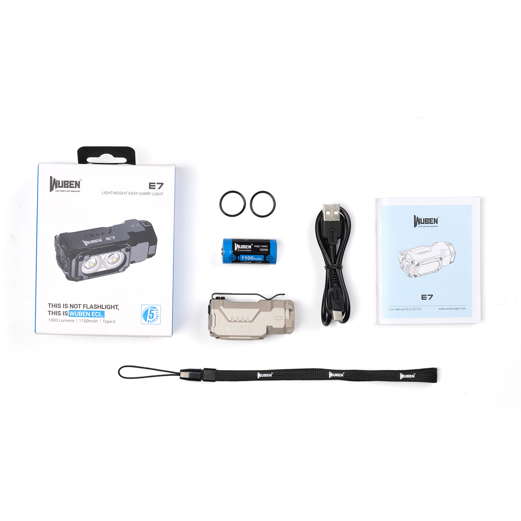 Wuben E7 Taschenlampe im Set mit Box, Akku, Ladekabel, O-Ringen, Anleitung und Trageband auf weißem Grund.