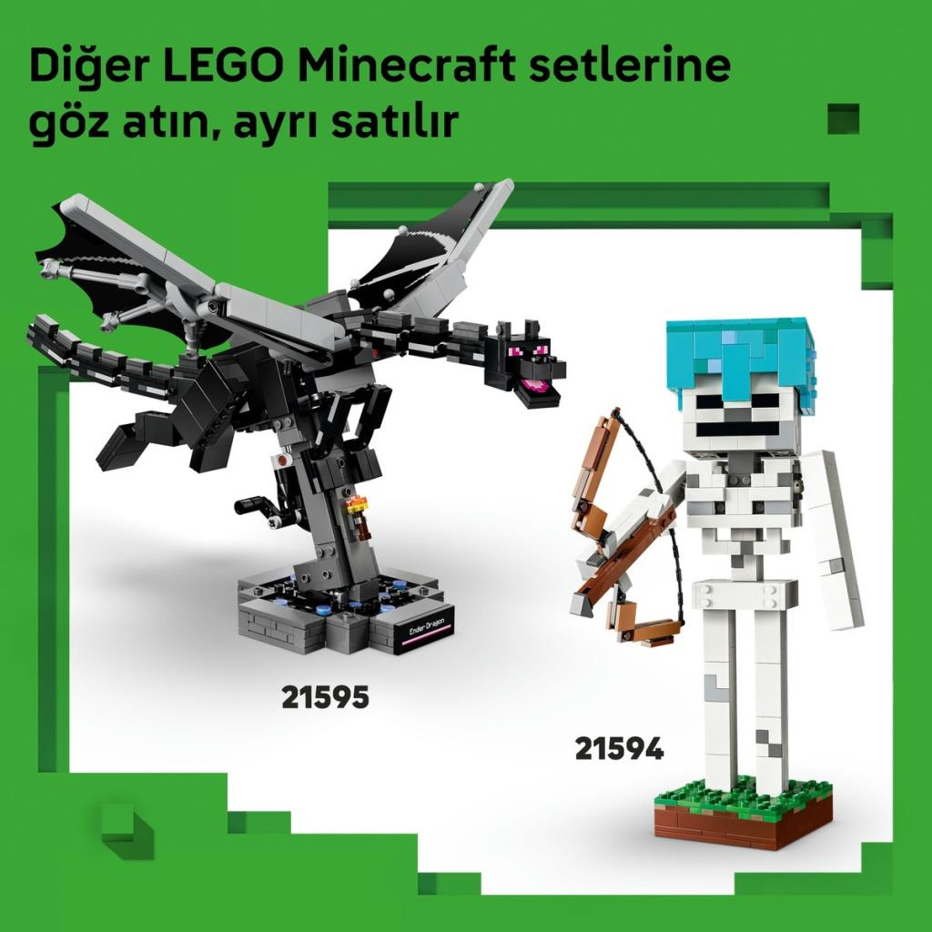 Yeşil arka plan önünde yaylı ve mavi saçlı LEGO Minecraft Ender Ejderhası ve iskelet.